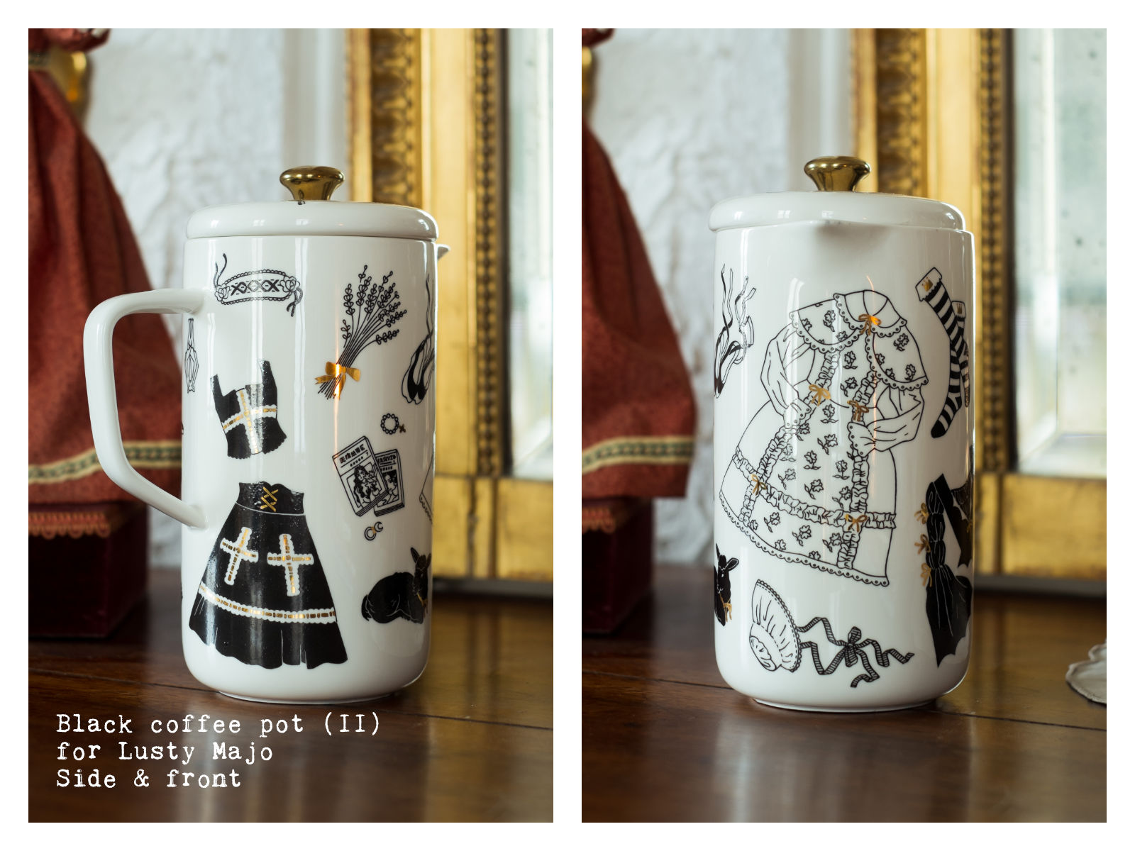 Side & front of a black coffee pot (II) for Lusty Majo from “Oldschool Lolita”, a collection of painted porcelains by messalyn.