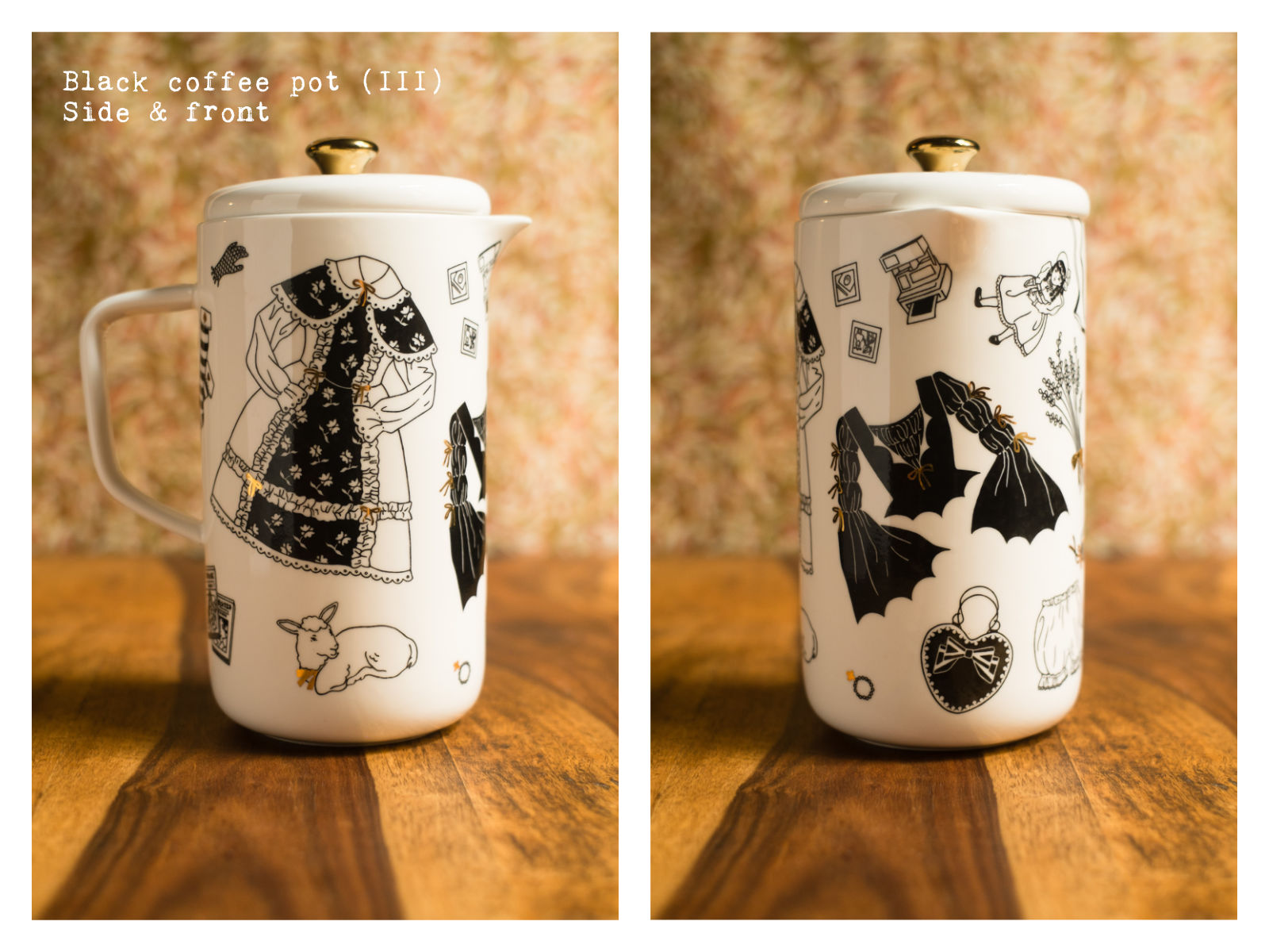 Side & front of a black coffee pot (III) from “Oldschool Lolita”, a collection of painted porcelains by messalyn.