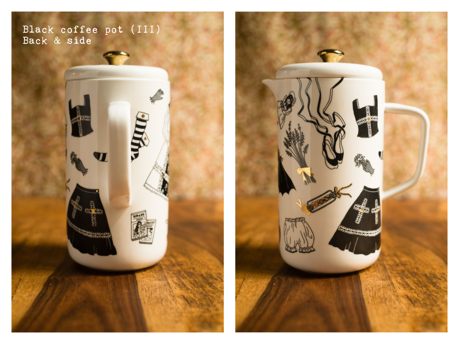 Back & side of a black coffee pot (III) from “Oldschool Lolita”, a collection of painted porcelains by messalyn.