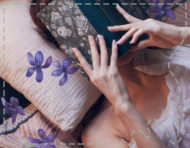 “À la deux fois née”, a mixed media collaboration between poetess and model Anne-Rebecca Willing, photographer Solène Ballesta and messalyn for the watercoloured violets (thumbnail).