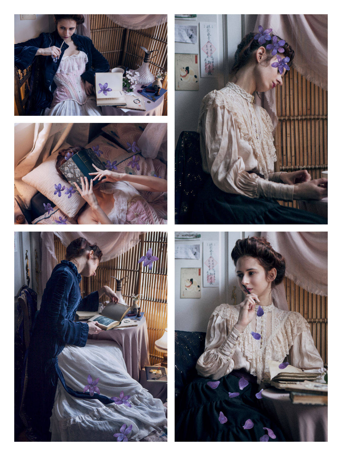 “À la deux fois née”, a mixed media collaboration between poetess and model Anne-Rebecca Willing, photographer Solène Ballesta and messalyn for the watercoloured violets.