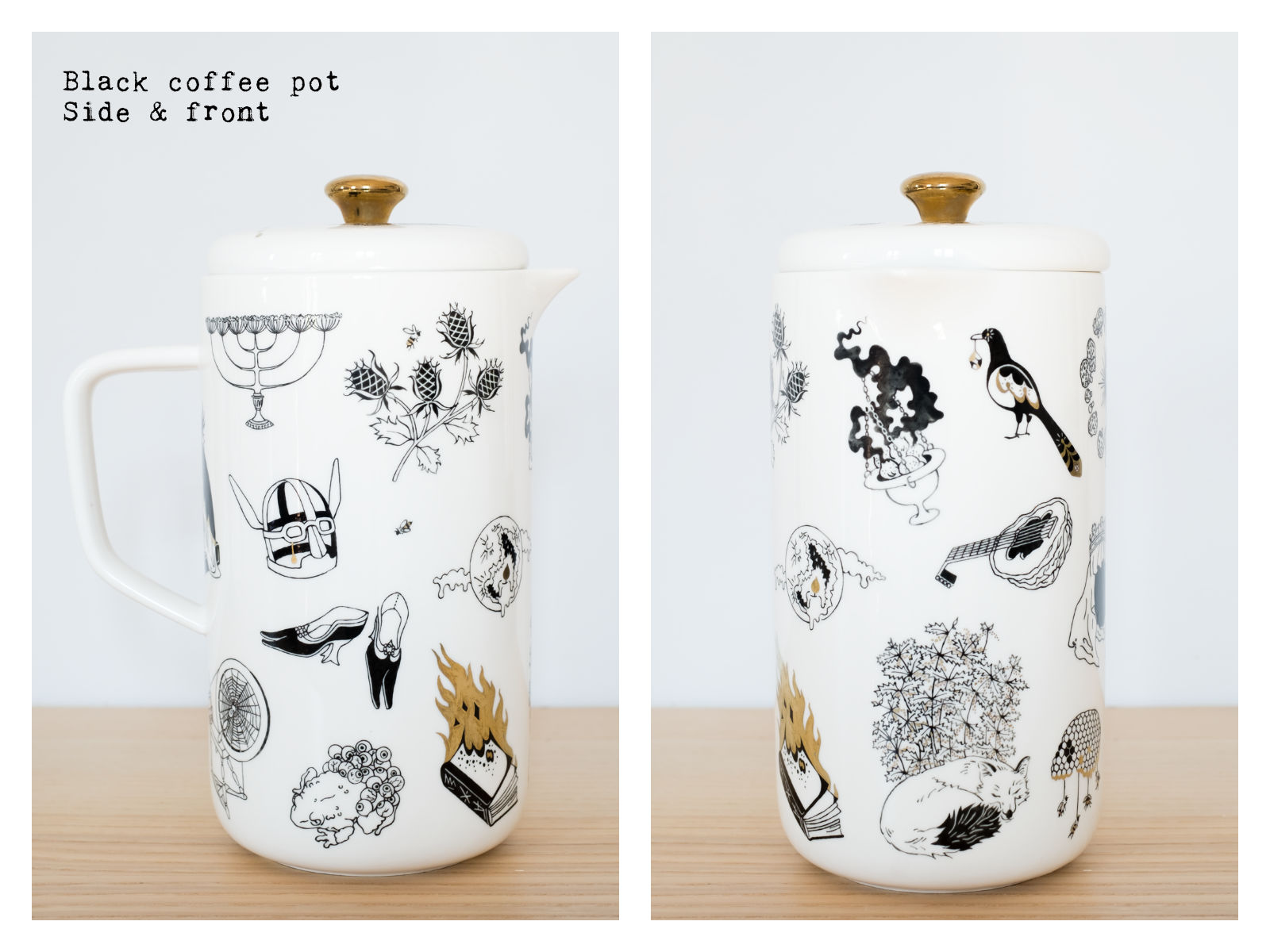 Side & front of a black coffee pot from “Enchanteresse”, a collection of painted porcelains by messalyn.