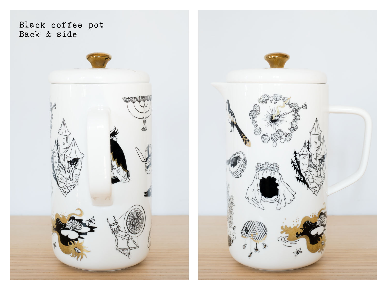 Back & side of a black coffee pot from “Enchanteresse”, a collection of painted porcelains by messalyn.