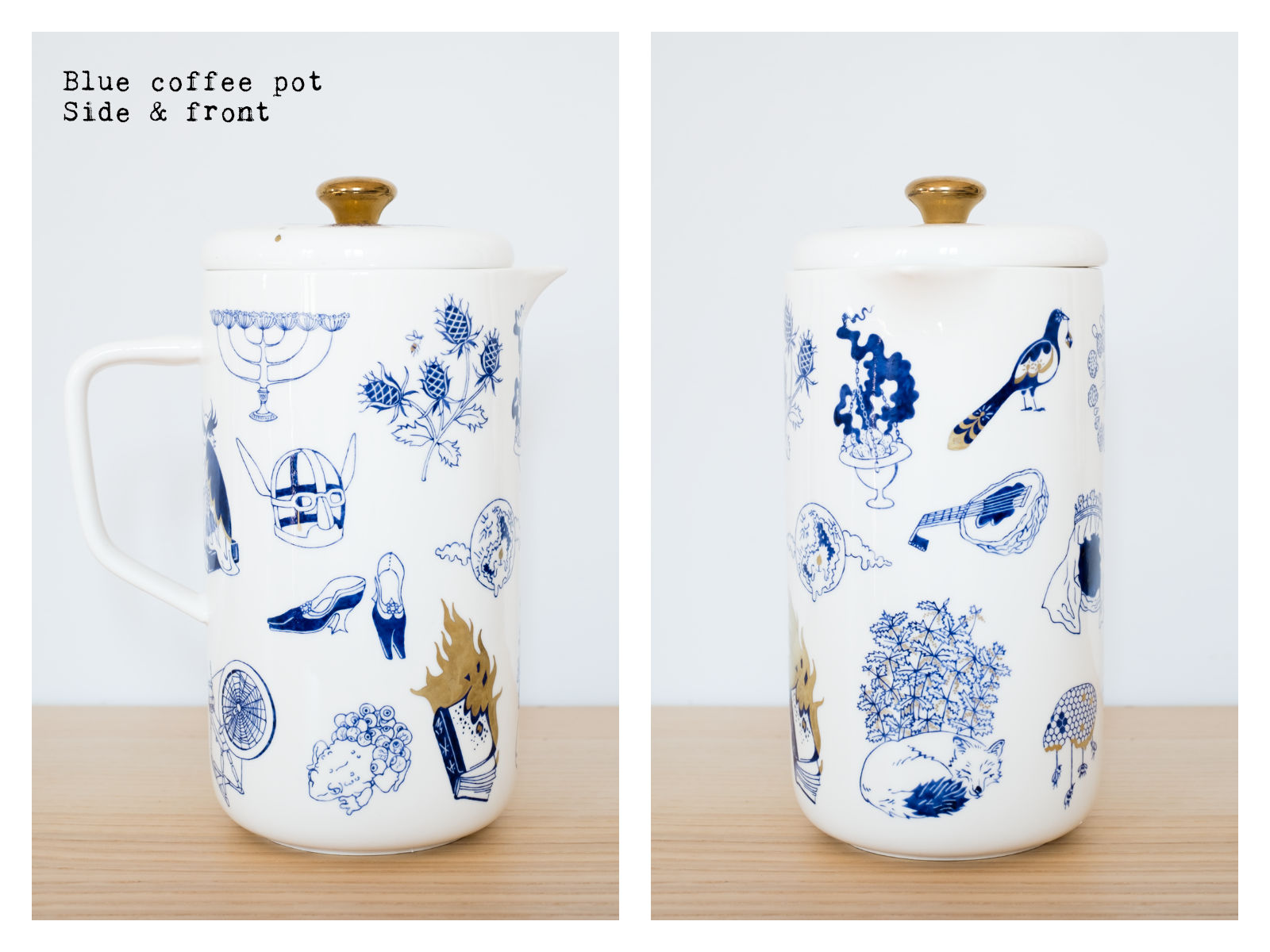 Side & front of a blue coffee pot from “Enchanteresse”, a collection of painted porcelains by messalyn.