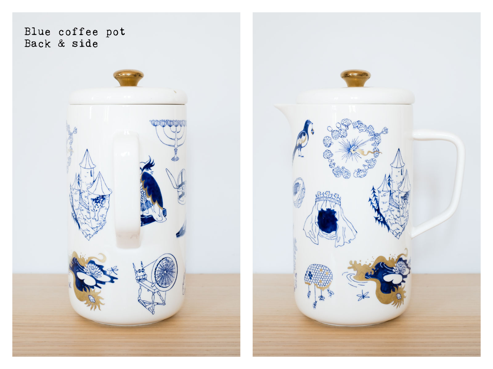 Back & side of a blue coffee pot from “Enchanteresse”, a collection of painted porcelains by messalyn.