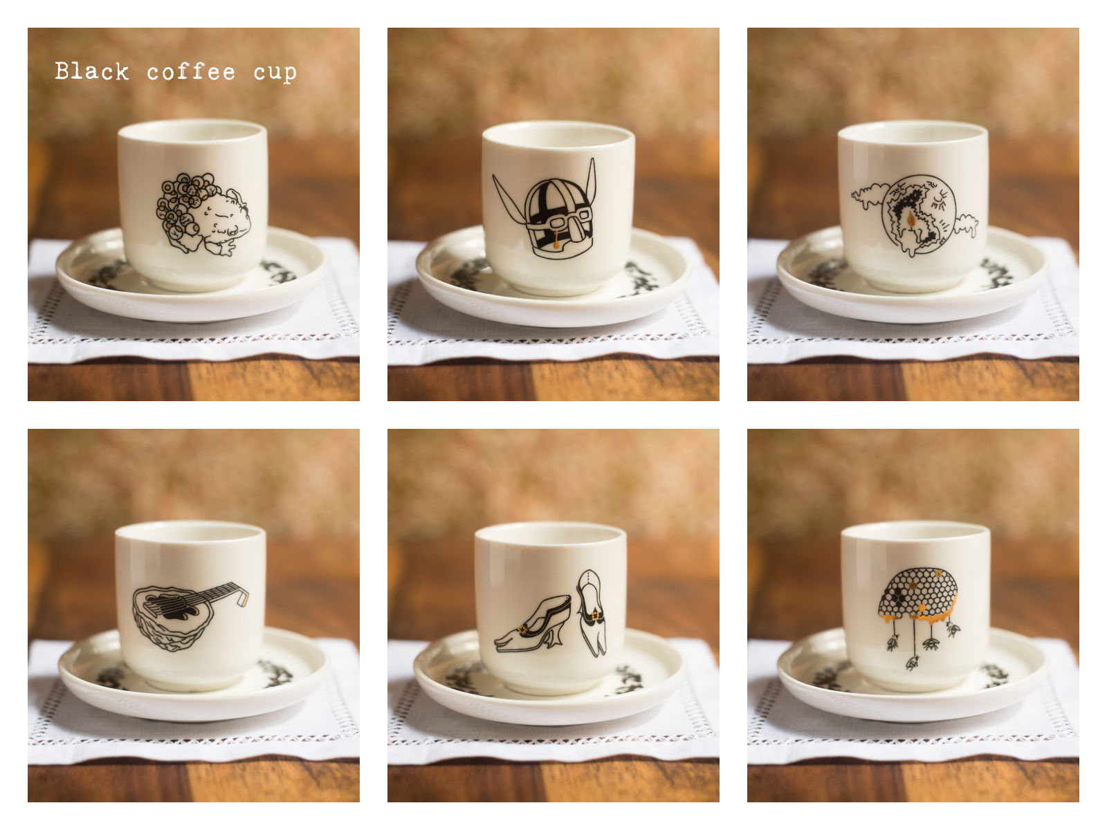 Black coffee cups from “Enchanteresse”, a collection of painted porcelains by messalyn.