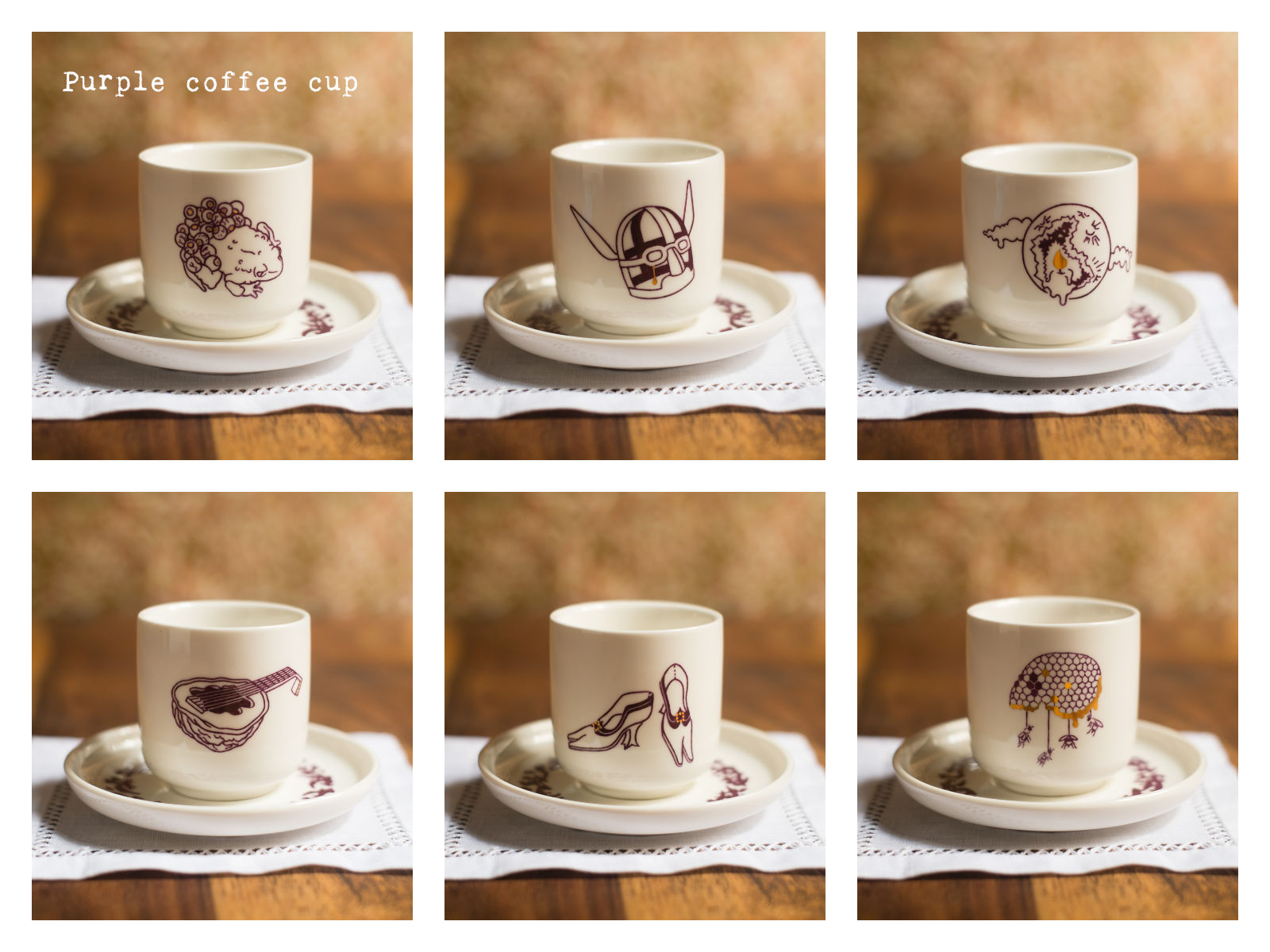 Purple coffee cups from “Enchanteresse”, a collection of painted porcelains by messalyn.