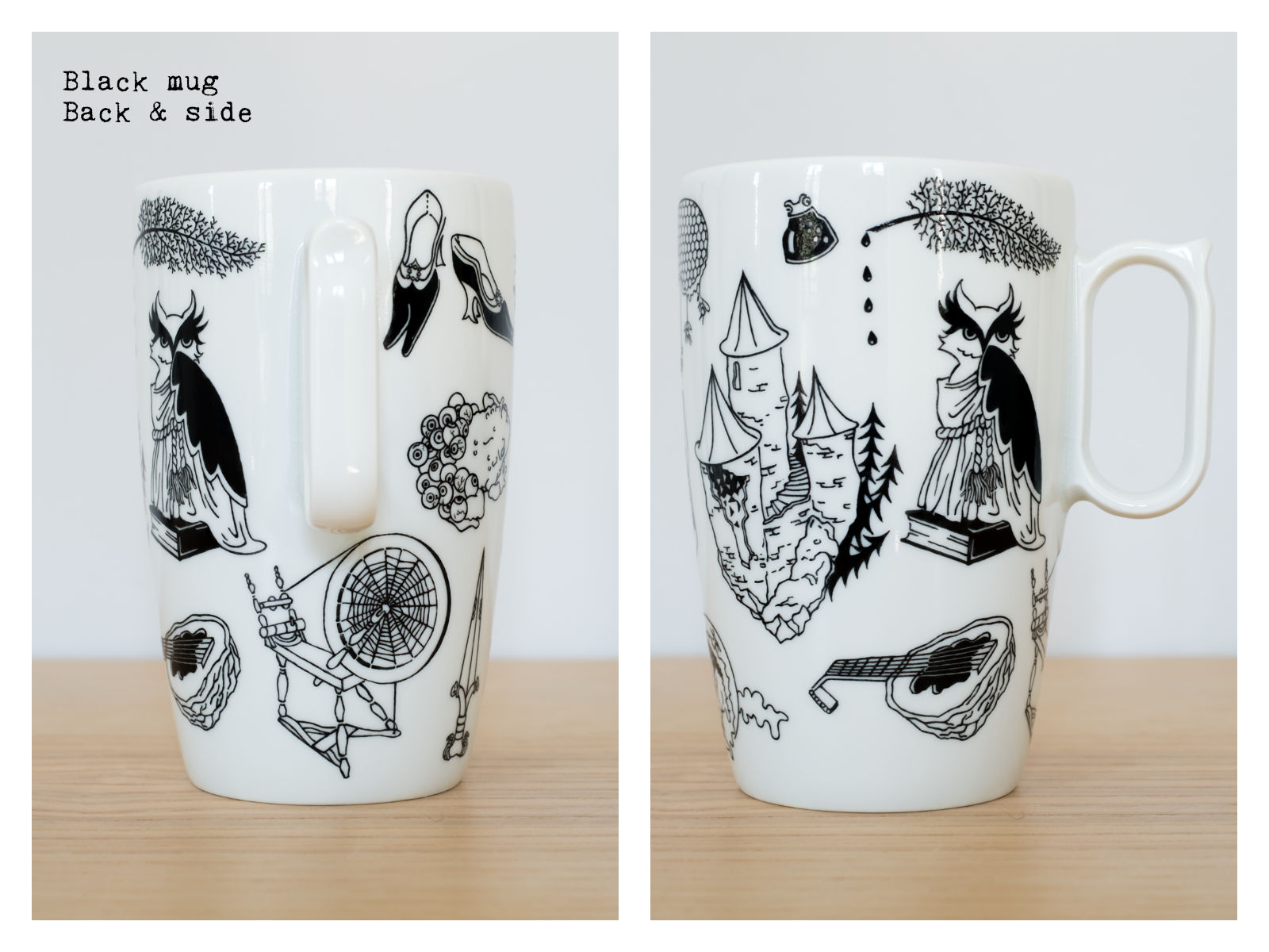 Back & side of a black mug from “Enchanteresse”, a collection of painted porcelains by messalyn.