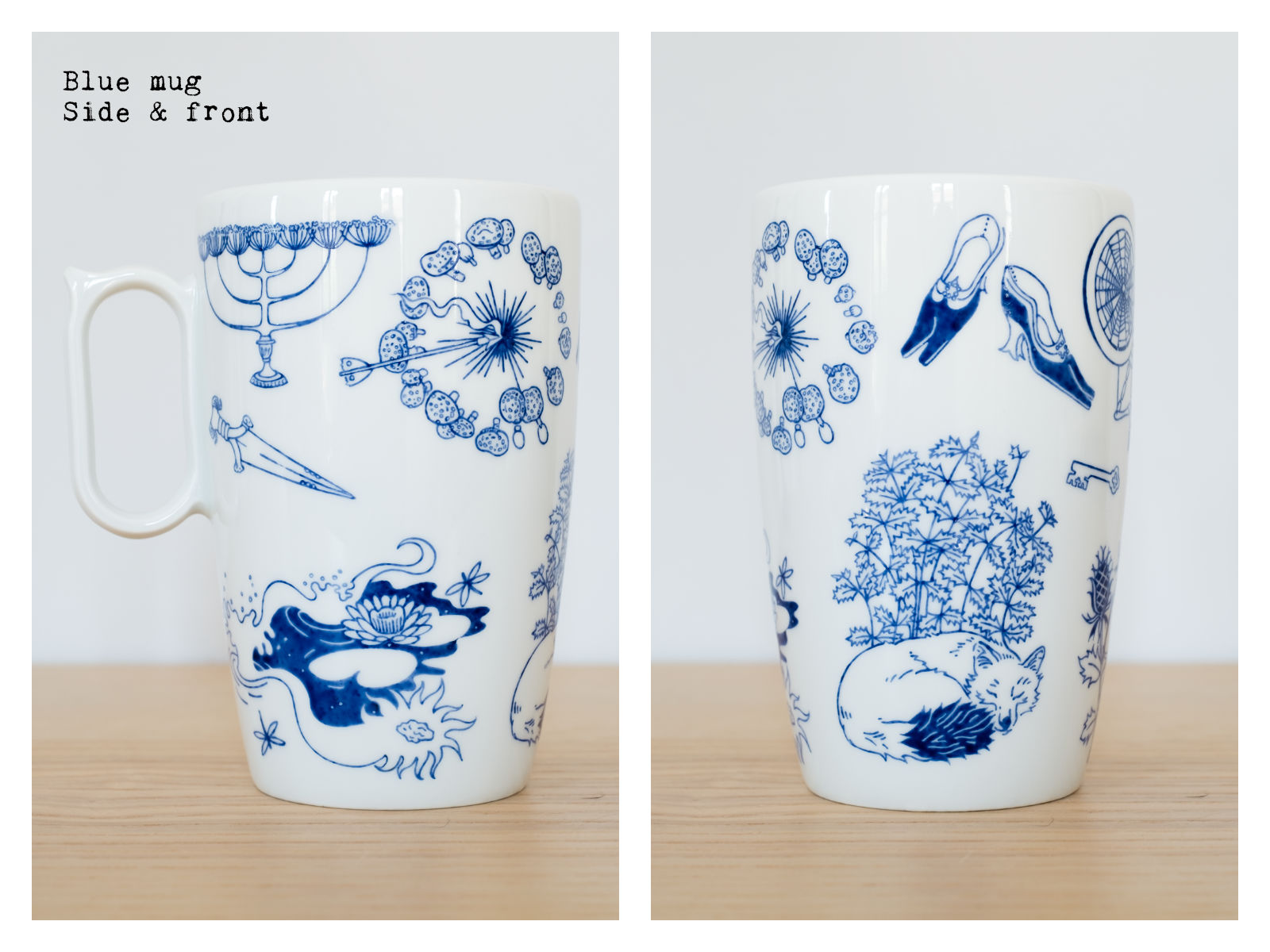 Side & front of a blue mug from “Enchanteresse”, a collection of painted porcelains by messalyn.