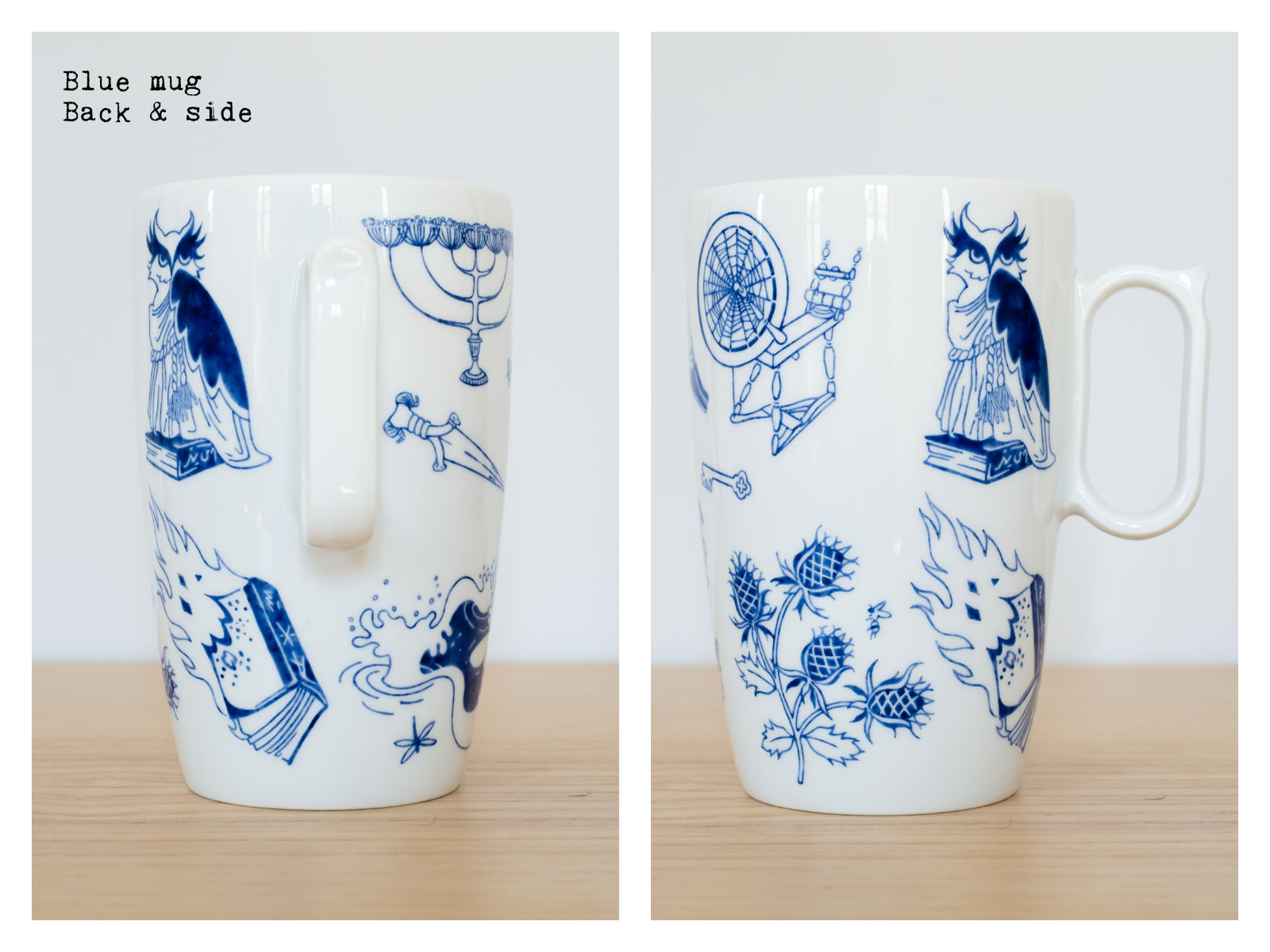 Back & side of a blue mug from “Enchanteresse”, a collection of painted porcelains by messalyn.