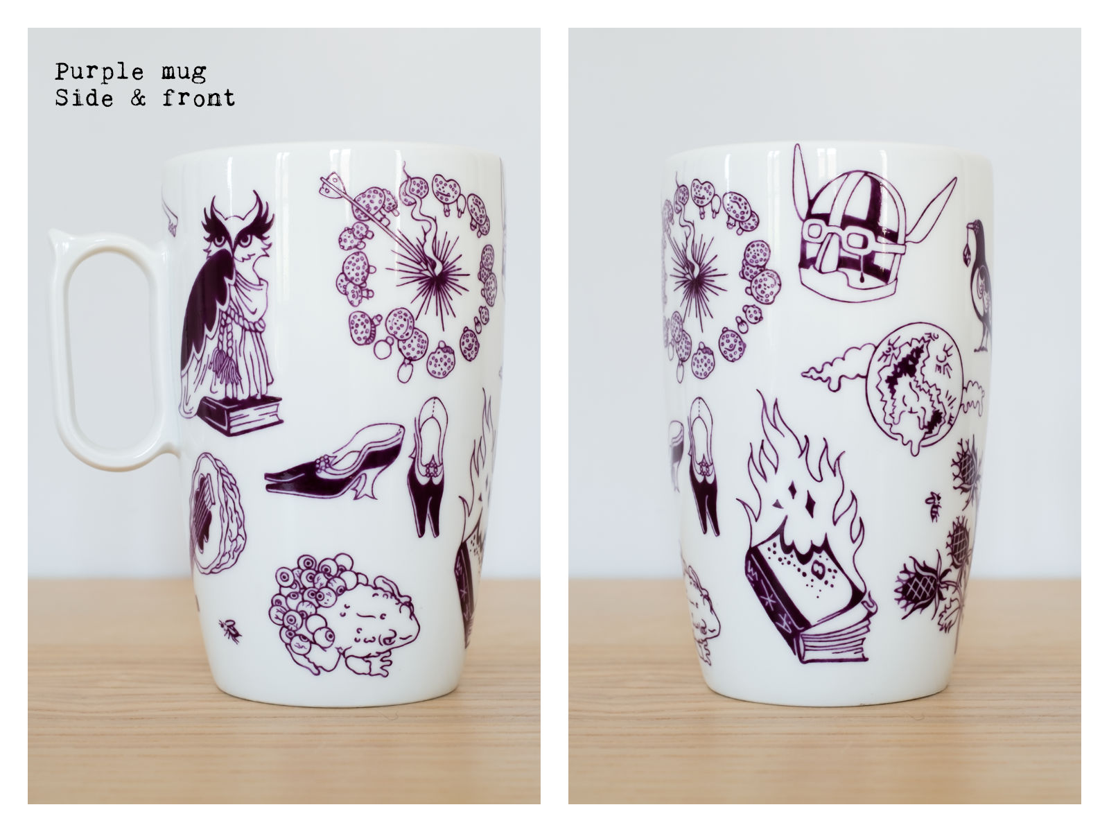 Side & front of a purple mug from “Enchanteresse”, a collection of painted porcelains by messalyn.