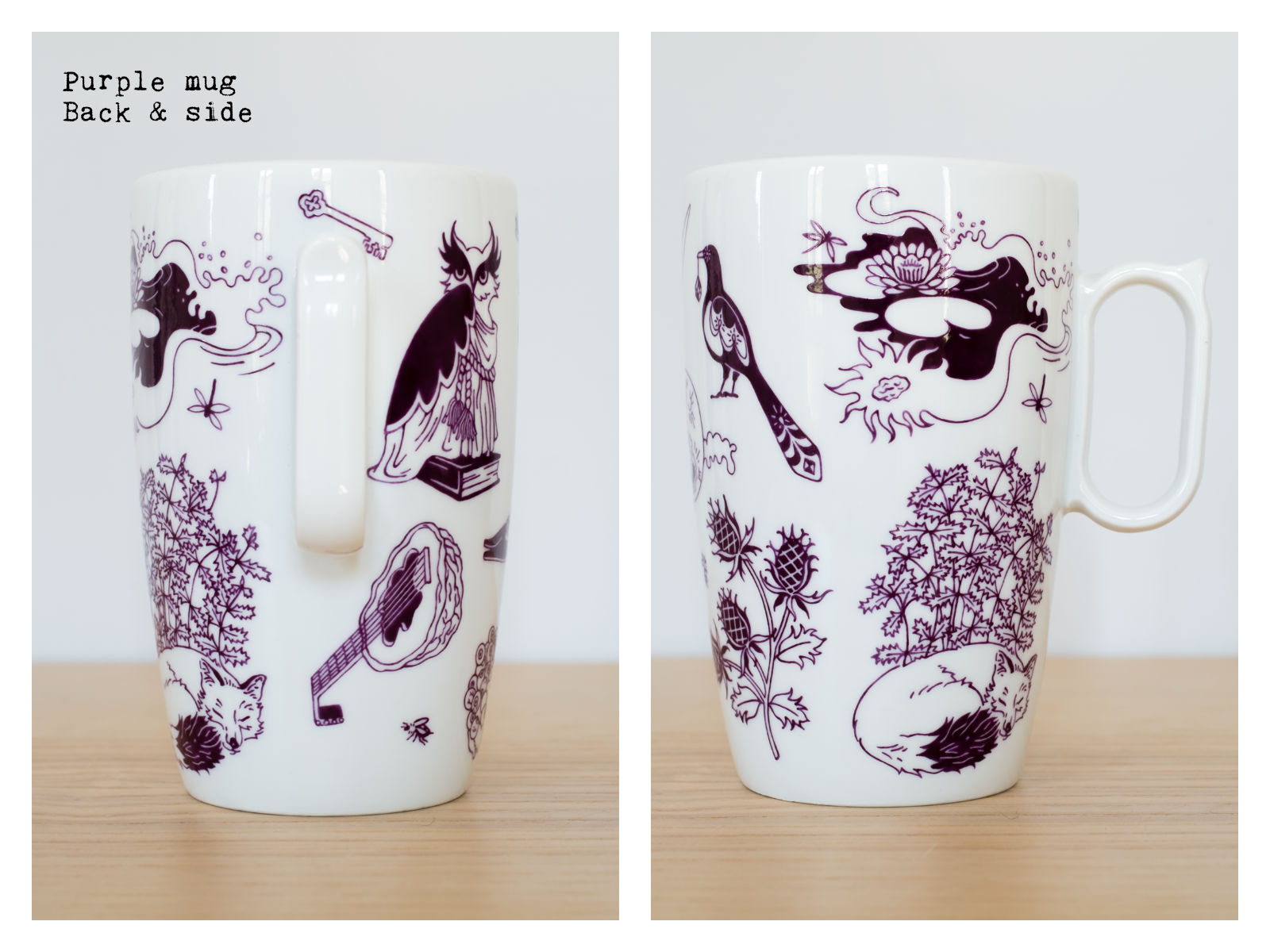 Back & side of a purple mug from “Enchanteresse”, a collection of painted porcelains by messalyn.