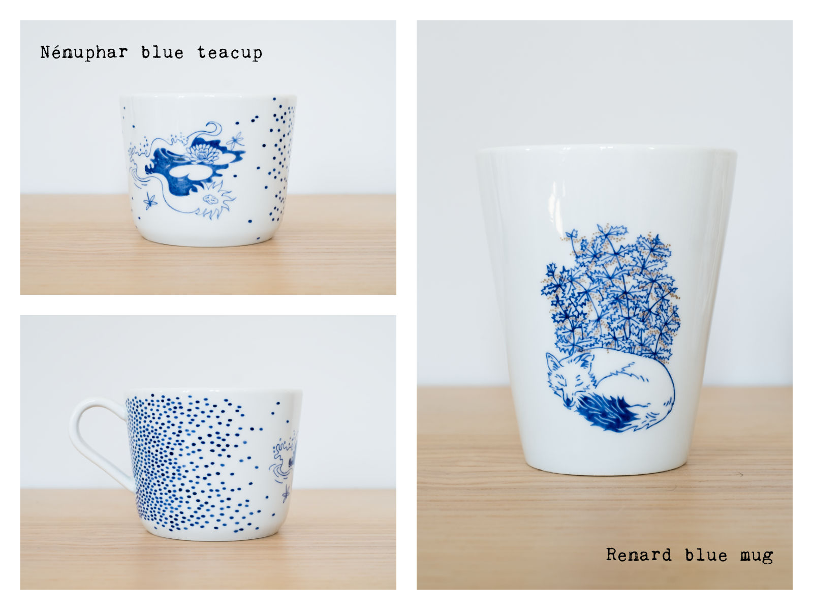 “Nénuphar” blue teacup & “Renard” blue mug from “Enchanteresse”, a collection of painted porcelains by messalyn.