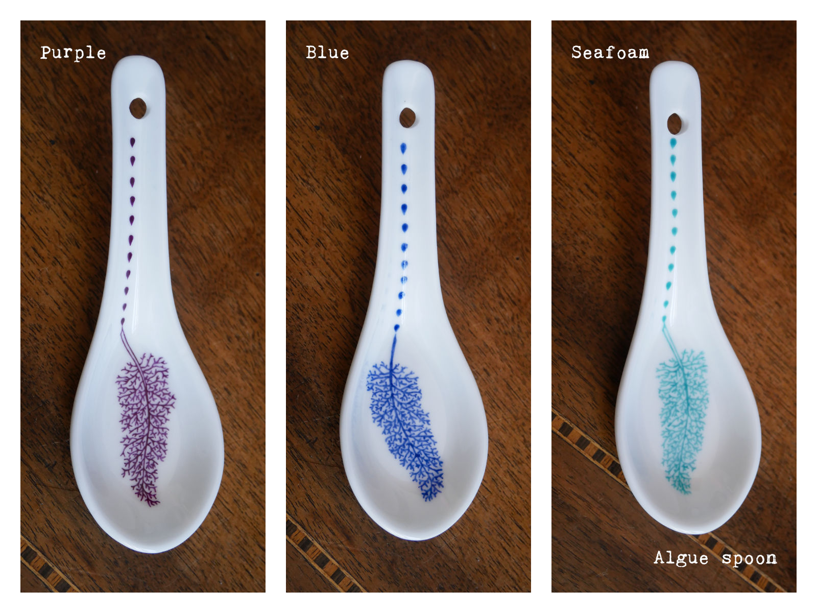 Algue spoons in purple, blue and seafoam from “Enchanteresse”, a collection of painted porcelains by messalyn.