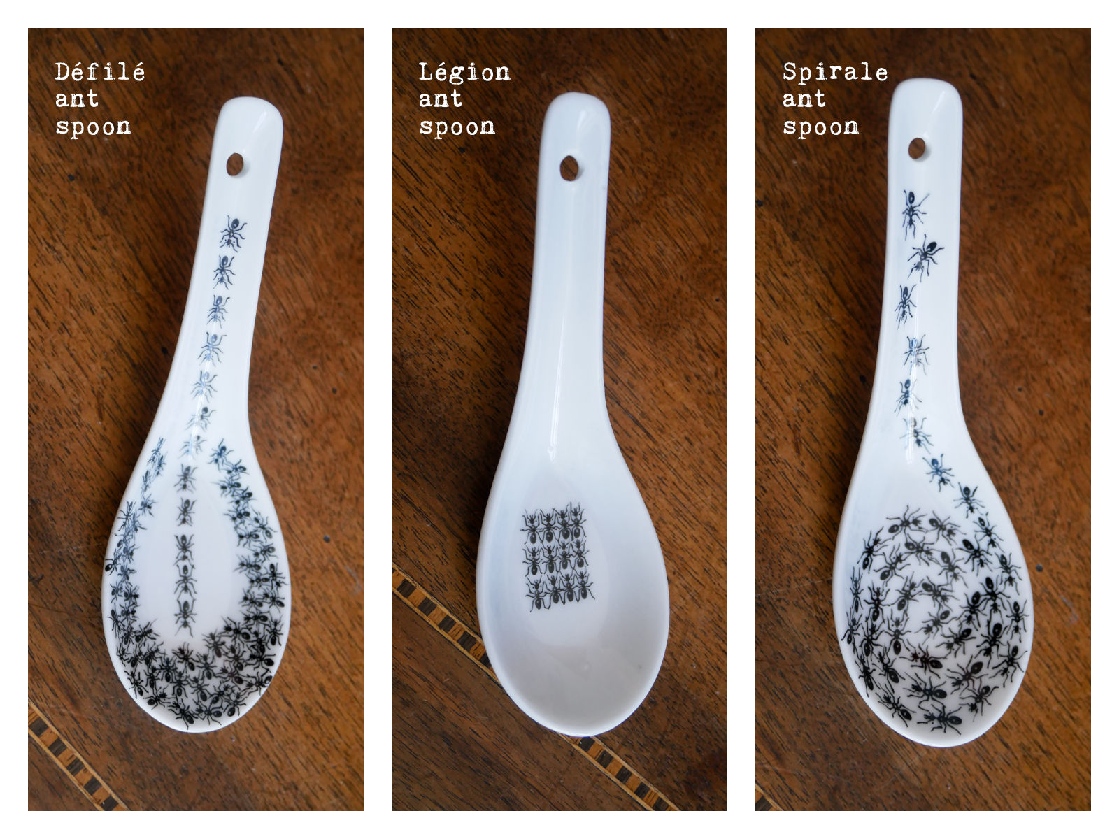 “Défilé”, “Légion” and “Spirale” spoons from “Fourmis”, a collection of painted porcelains by messalyn.