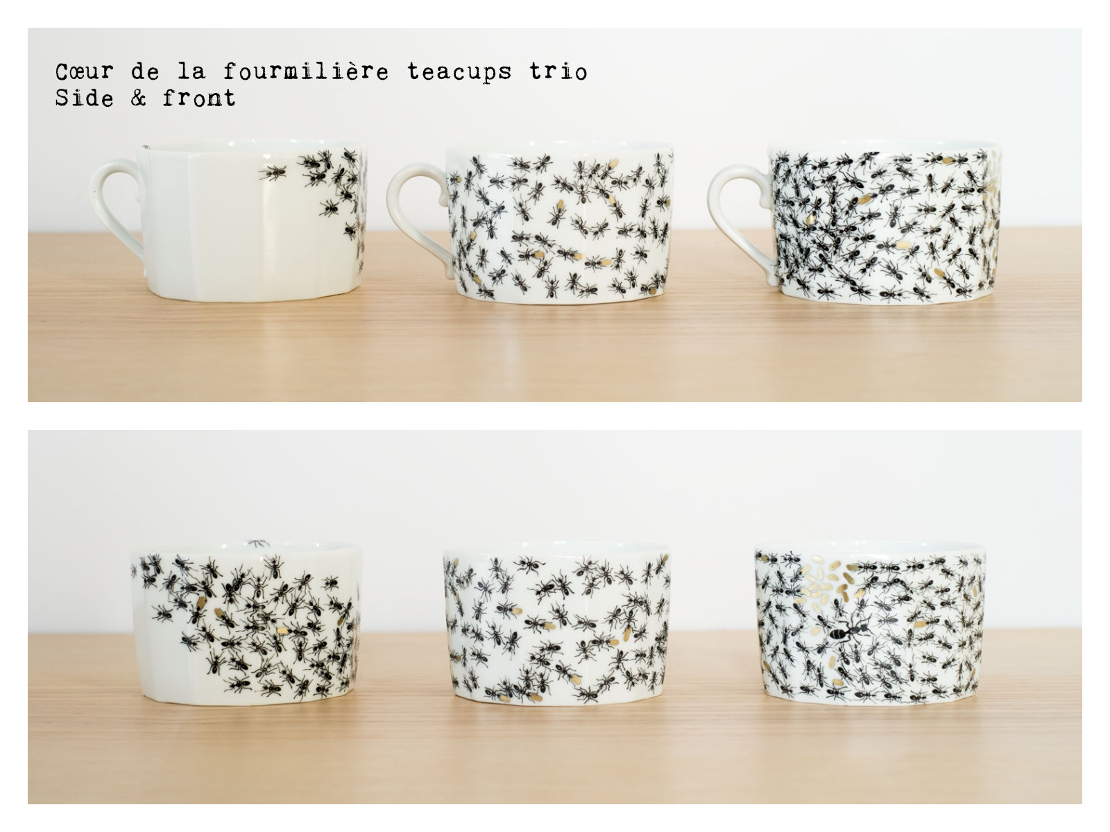 Side & front of the “Cœur de la fourmilière” teacups trio from “Fourmis”, a collection of painted porcelains by messalyn.