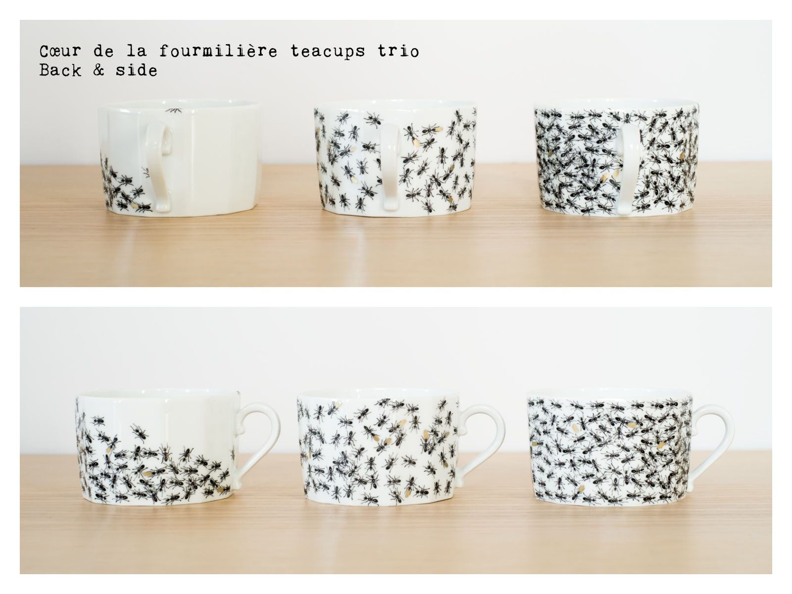 Back & side of the “Cœur de la fourmilière” teacups trio from “Fourmis”, a collection of painted porcelains by messalyn.