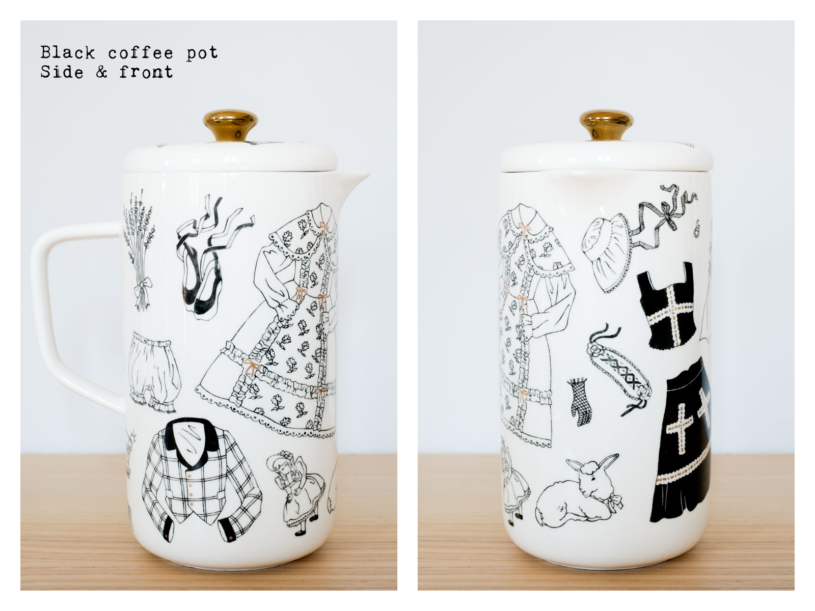 Side & front of a black coffee pot from “Oldschool Lolita”, a collection of painted porcelains by messalyn.