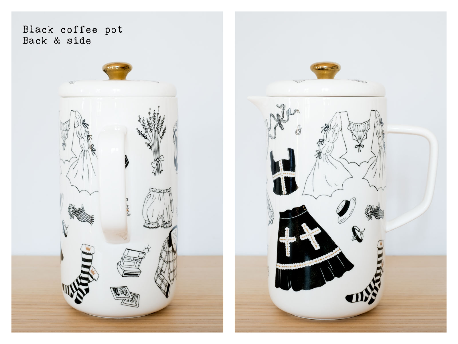 Back & side of a black coffee pot from “Oldschool Lolita”, a collection of painted porcelains by messalyn.