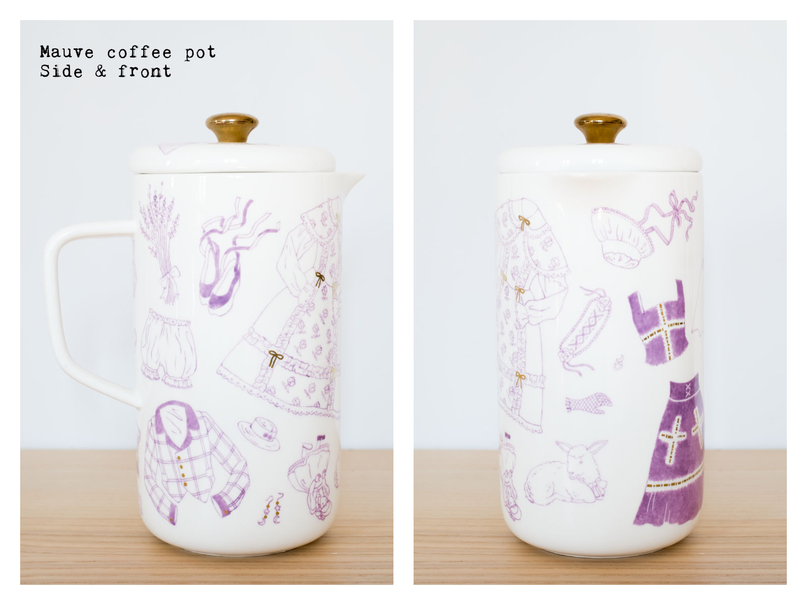 Side & front of a mauve coffee pot from “Oldschool Lolita”, a collection of painted porcelains by messalyn.