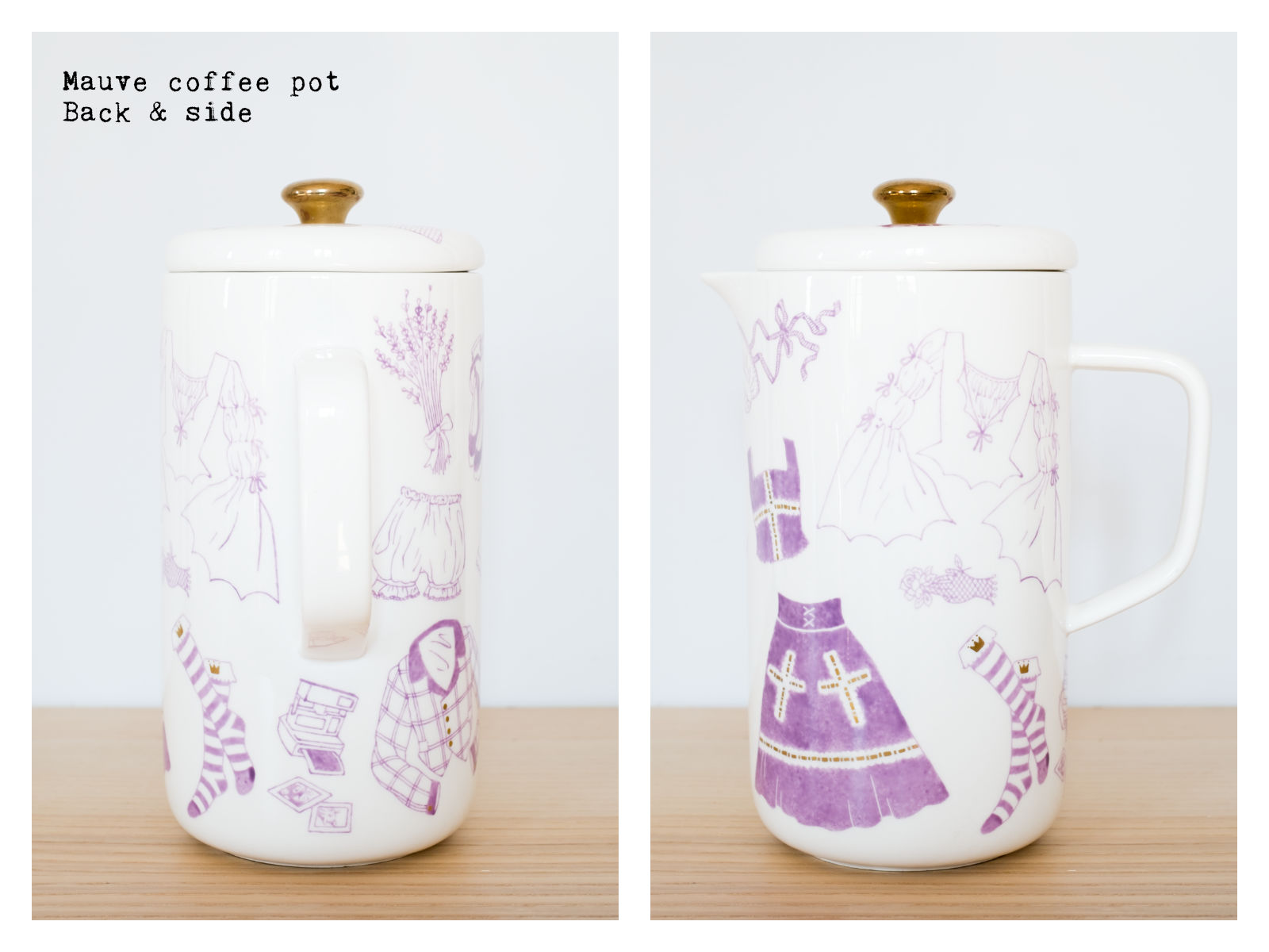 Back & side of a mauve coffee pot from “Oldschool Lolita”, a collection of painted porcelains by messalyn.