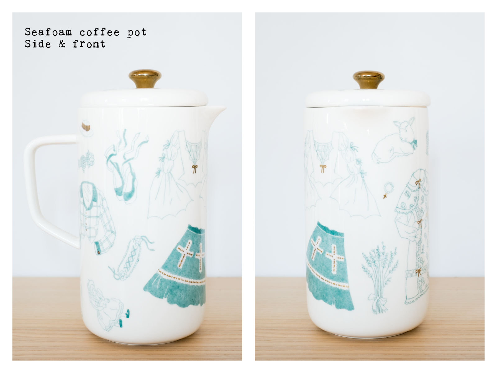 Side & front of a seafoam coffee pot from “Oldschool Lolita”, a collection of painted porcelains by messalyn.