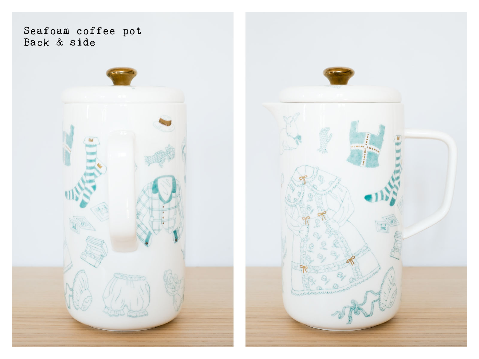 Back & side of a seafoam coffee pot from “Oldschool Lolita”, a collection of painted porcelains by messalyn.