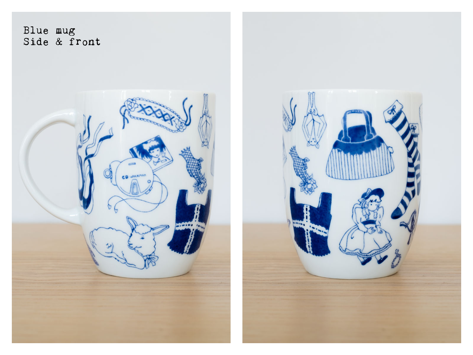 Side & front of a blue mug from “Oldschool Lolita”, a collection of painted porcelains by messalyn.