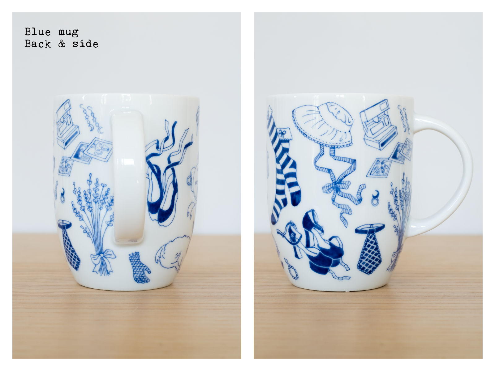 Back & side of a blue mug from “Oldschool Lolita”, a collection of painted porcelains by messalyn.