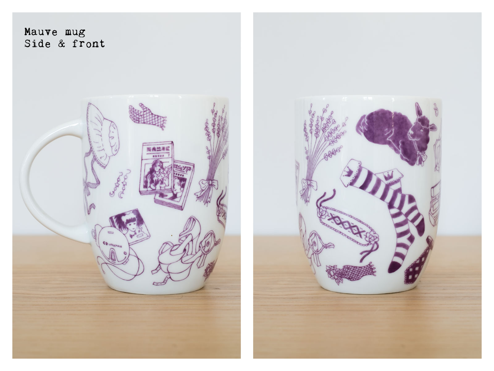 Side & front of a mauve mug from “Oldschool Lolita”, a collection of painted porcelains by messalyn.