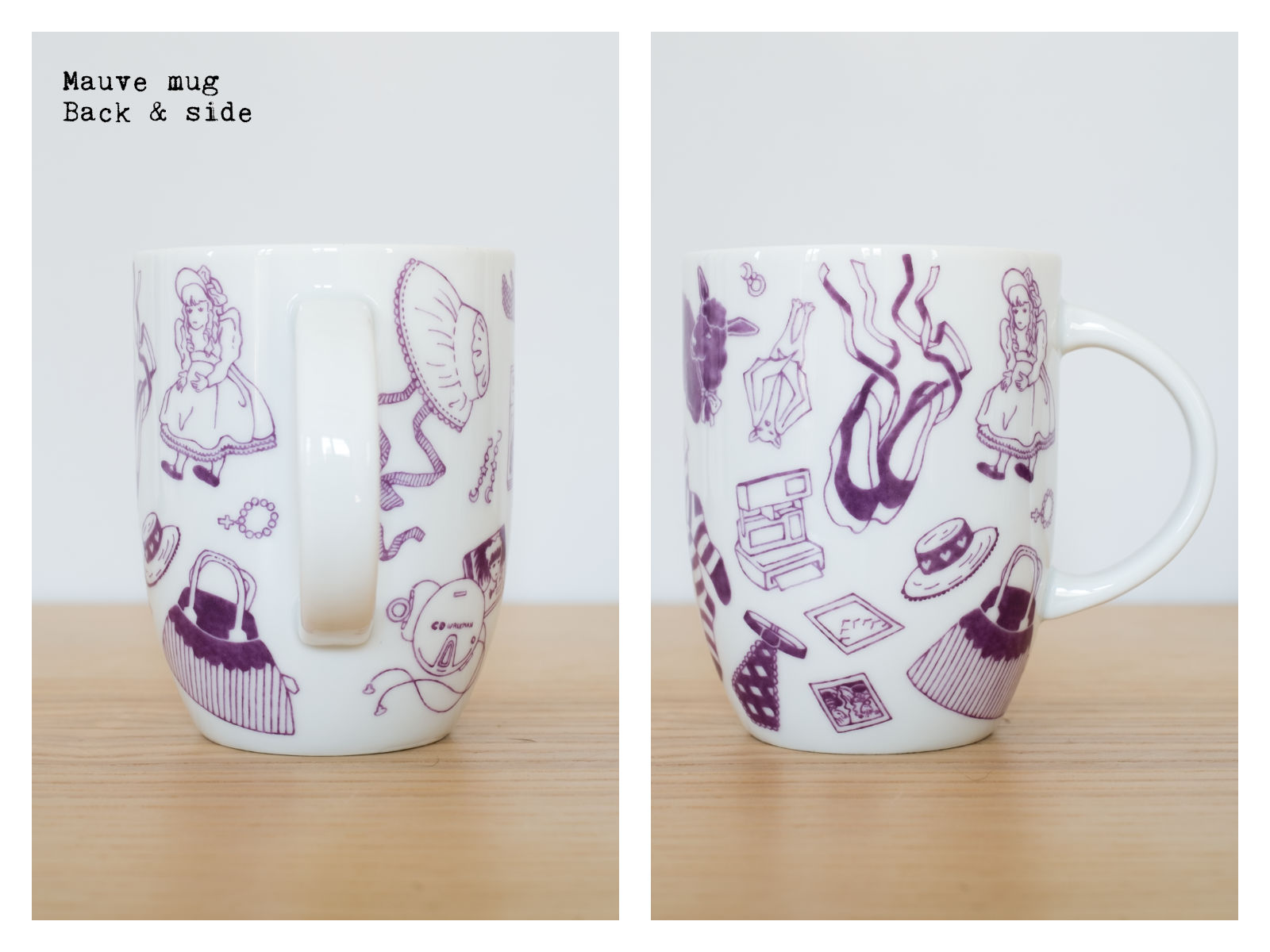 Back & side of a mauvemug from “Oldschool Lolita”, a collection of painted porcelains by messalyn.