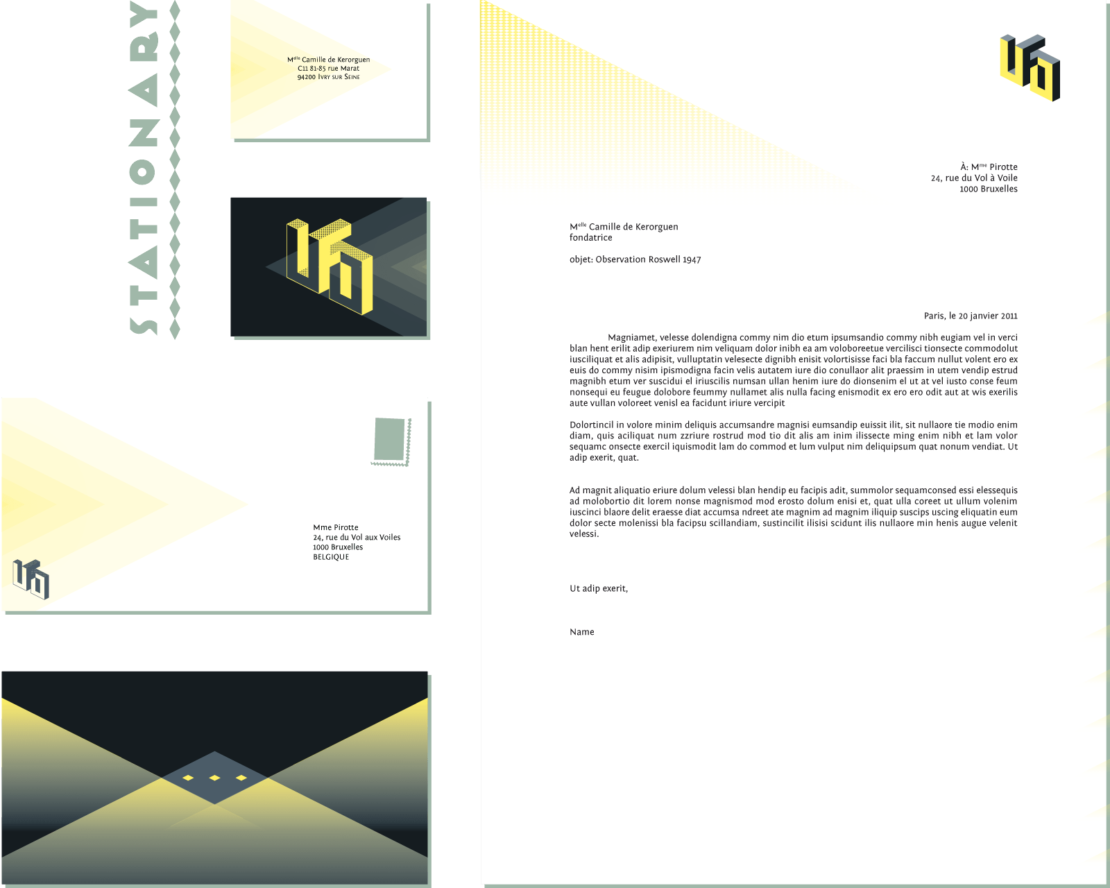 Stationary for a school assignement to create the whole visual identity for a fictive worker in the career field of our choice, here an ufologist.