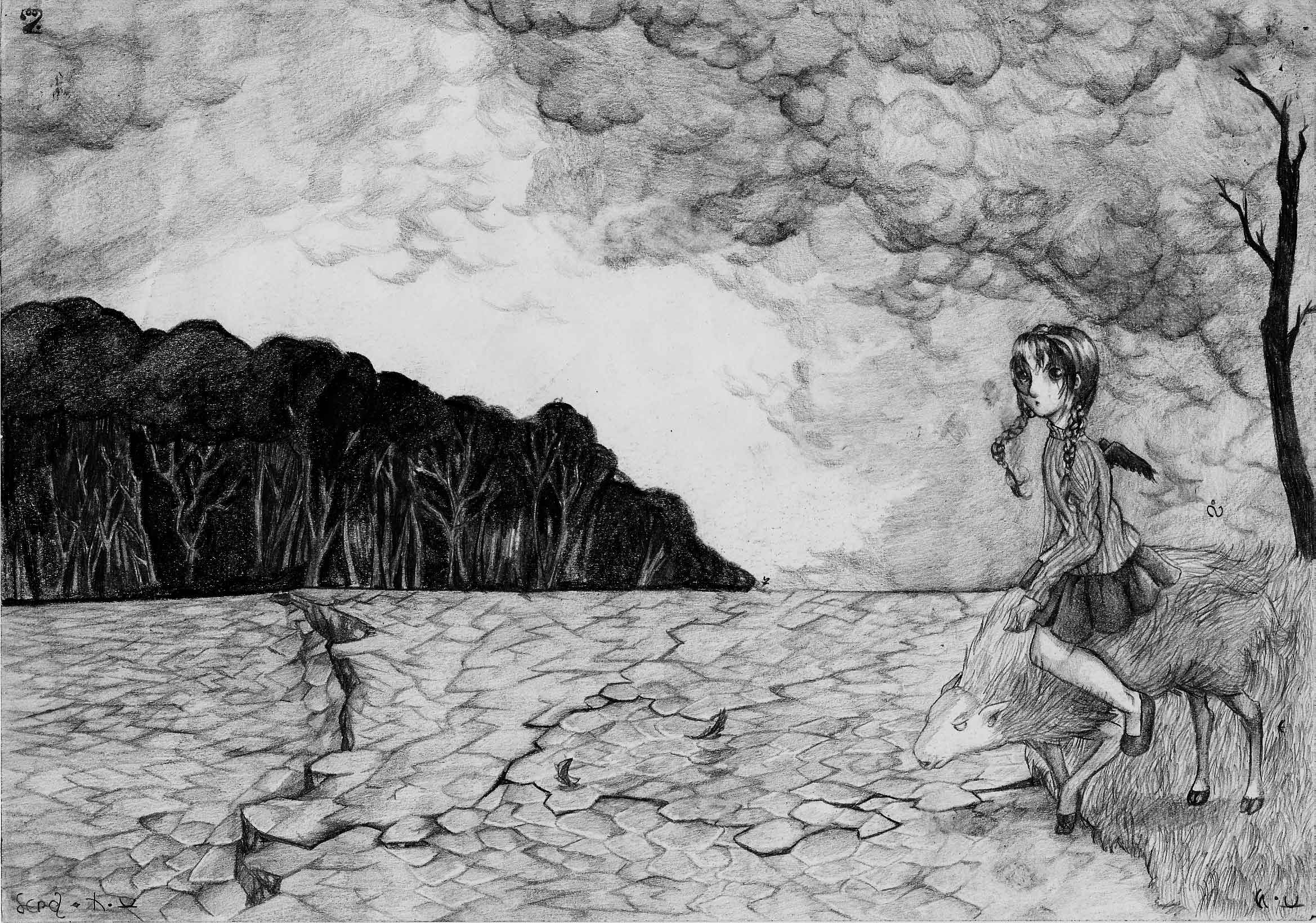 Surreal drawing of a young girl mounted on a sheep is about to cross a very dry land with a forest in sight.