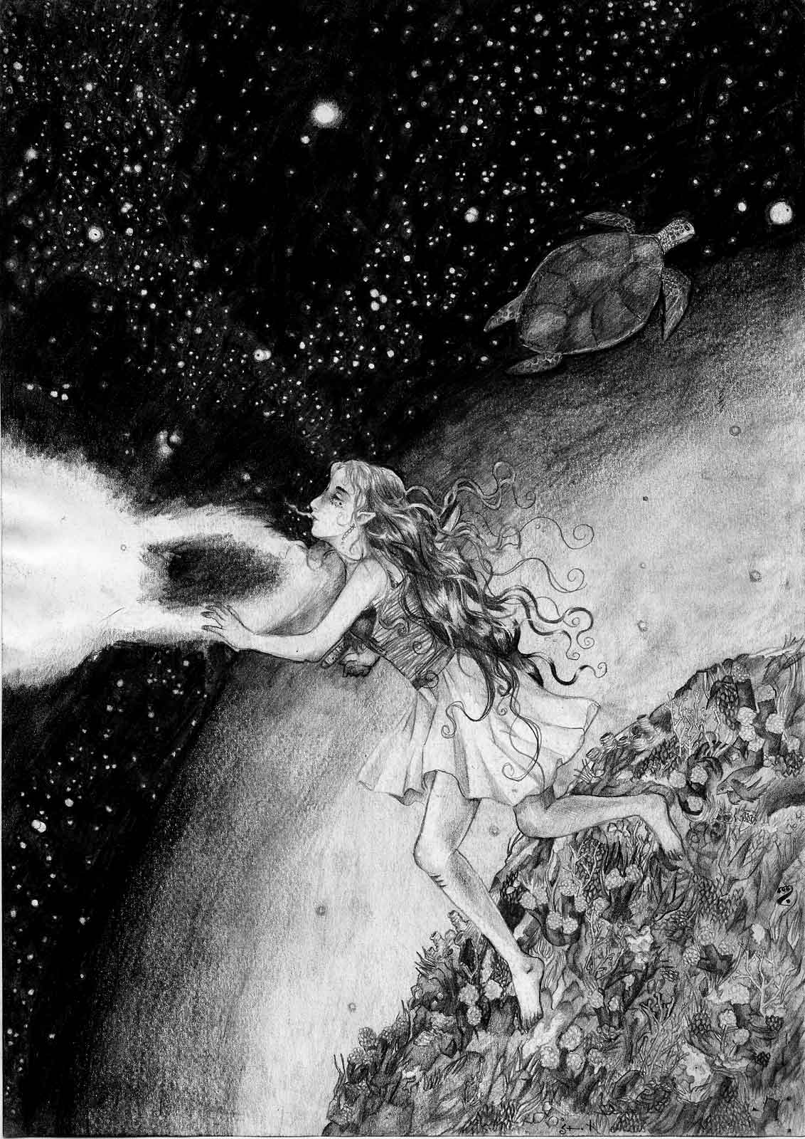 Surreal drawing of a girl with a knife in her chest floating in the cosmos near a planet covered in vegetation, a sea turtle passing by in the background.