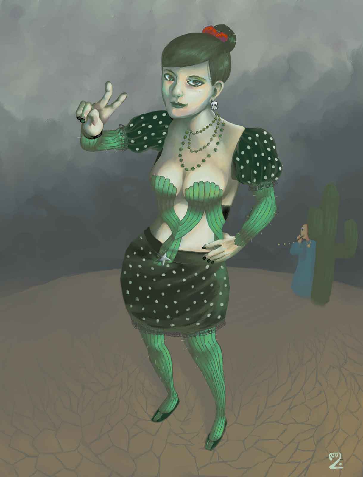 A woman in a desert in a cactus-themed coord with Twinsen from Little Big Adventure 2 in the background.