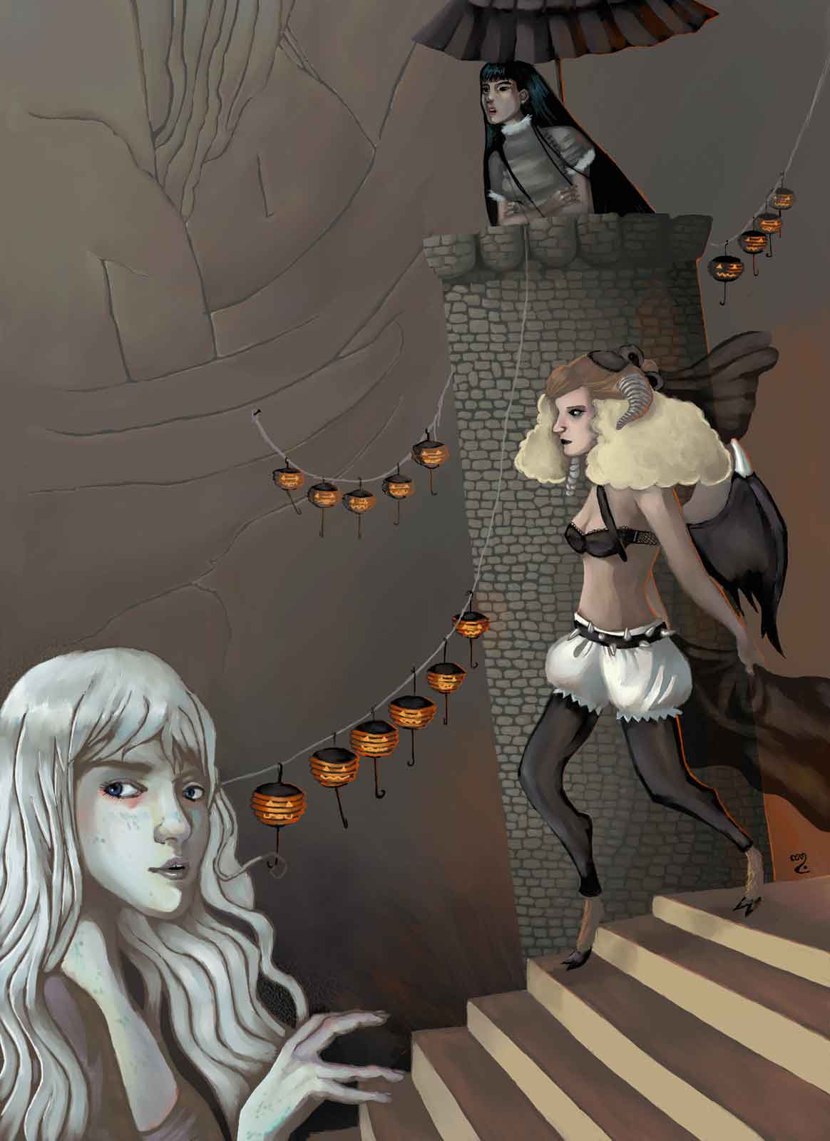 Surreal painting of a succubus descending stairs which a woman with grey blue skin uses as an inverted piano while a chinese singer sings at the top of a stylized tower in the background.