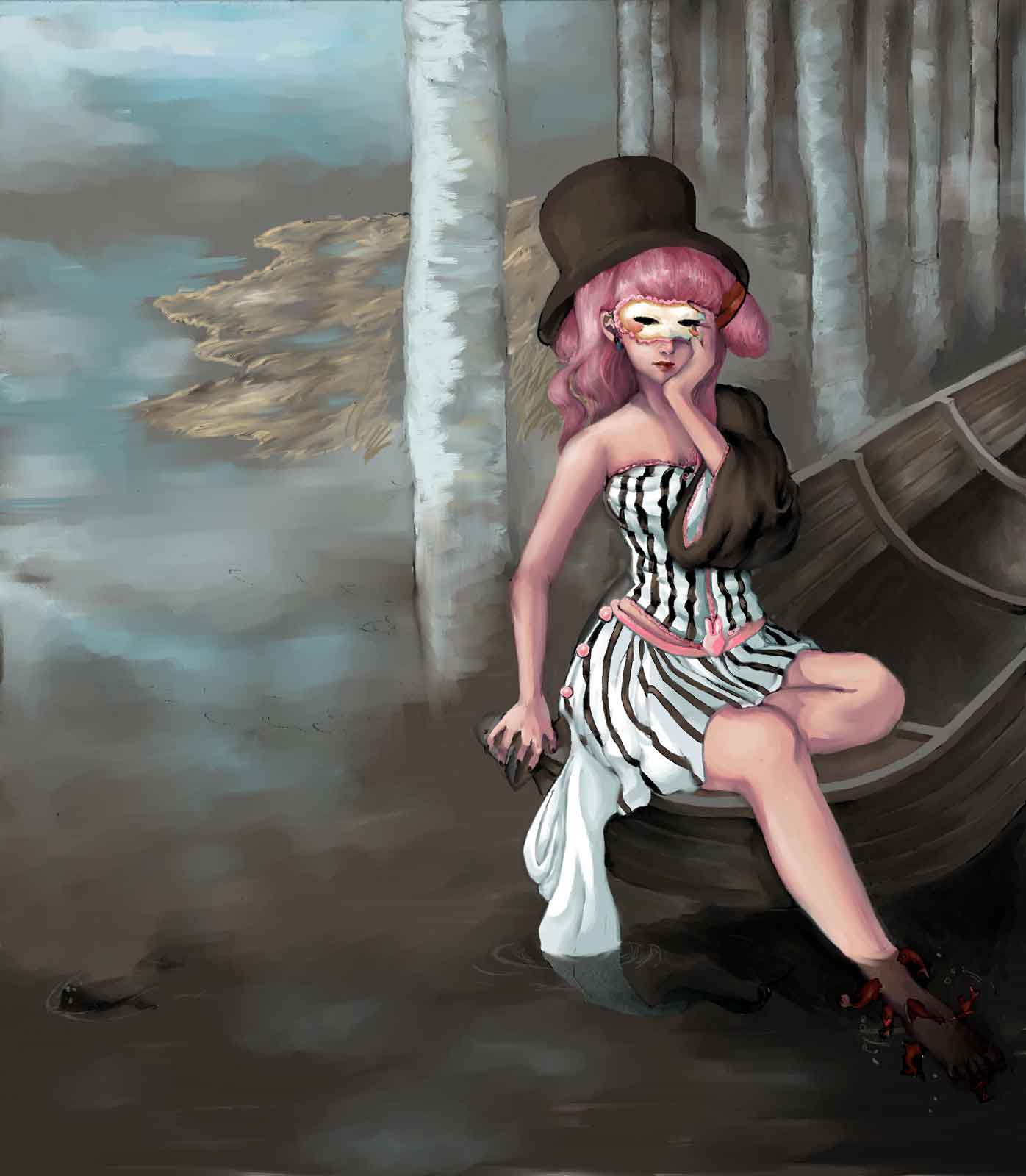 A pink-haired girl in a stripped dress with a mask derivating on a bark in a mangrove swamp of the northern hemisphere amongst birches.