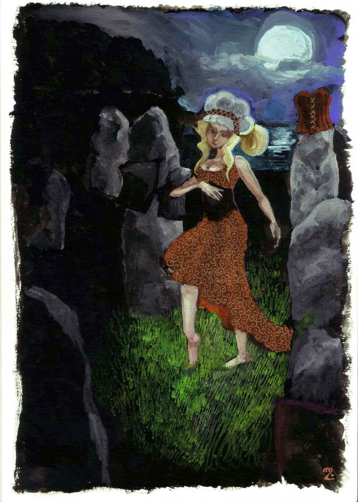 A girl dancing amongst standing stones at night under the moonlight.