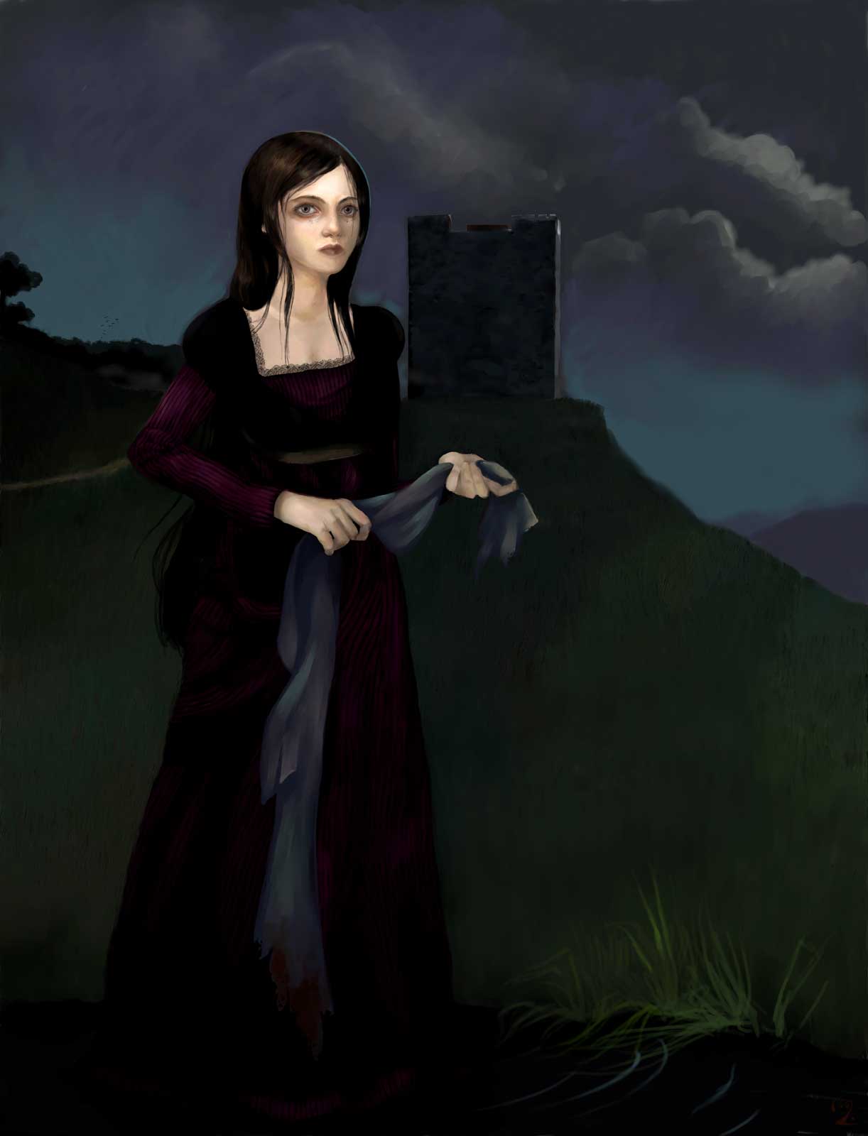 A ghost in purple dress washing a bloody shroud by the river as a death omen.