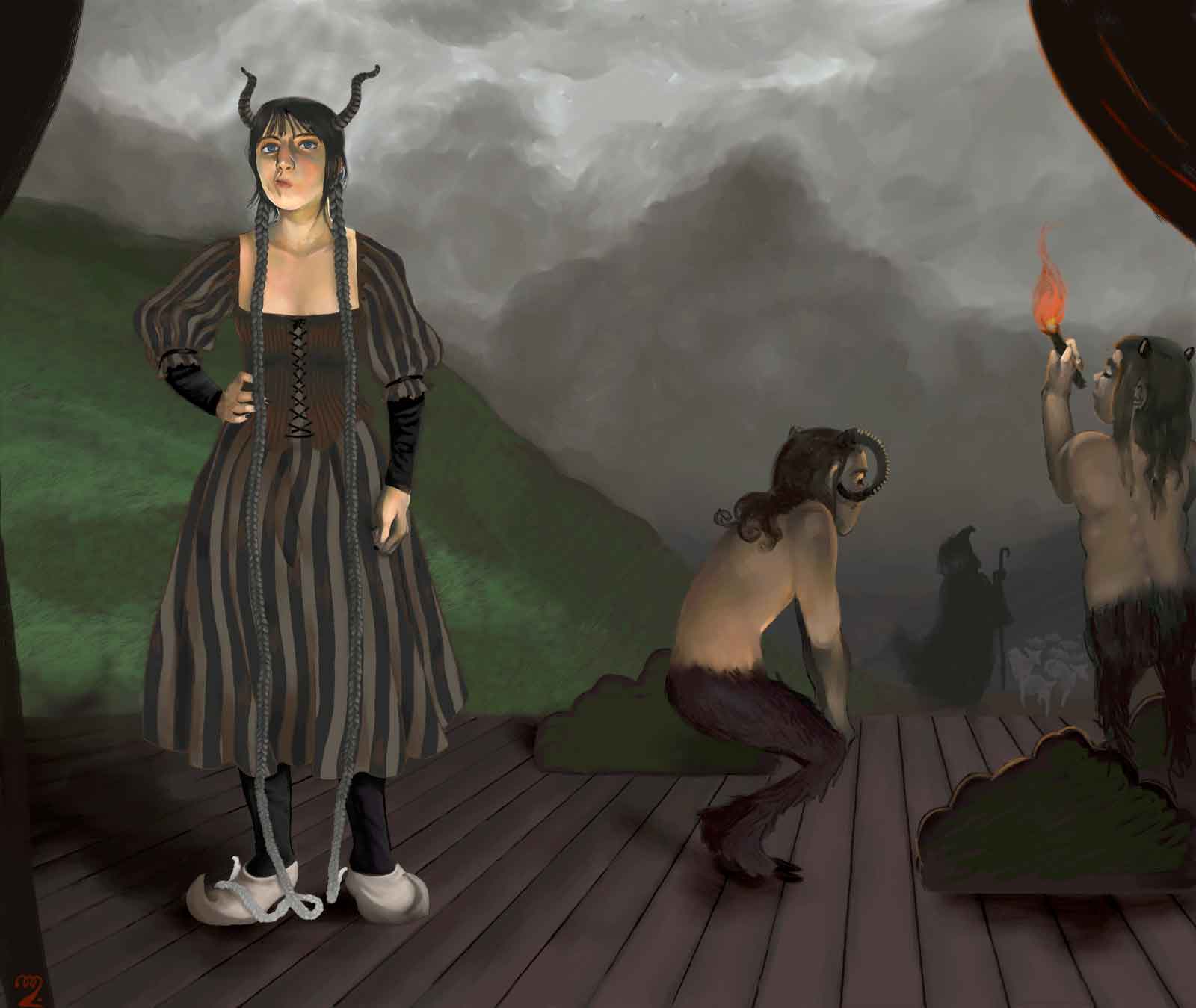 Surreal painting of a theatre stage with a shepherd coming on straight from the painting of the background, watched by two fauns and with a grey-haired girl standing on the left.