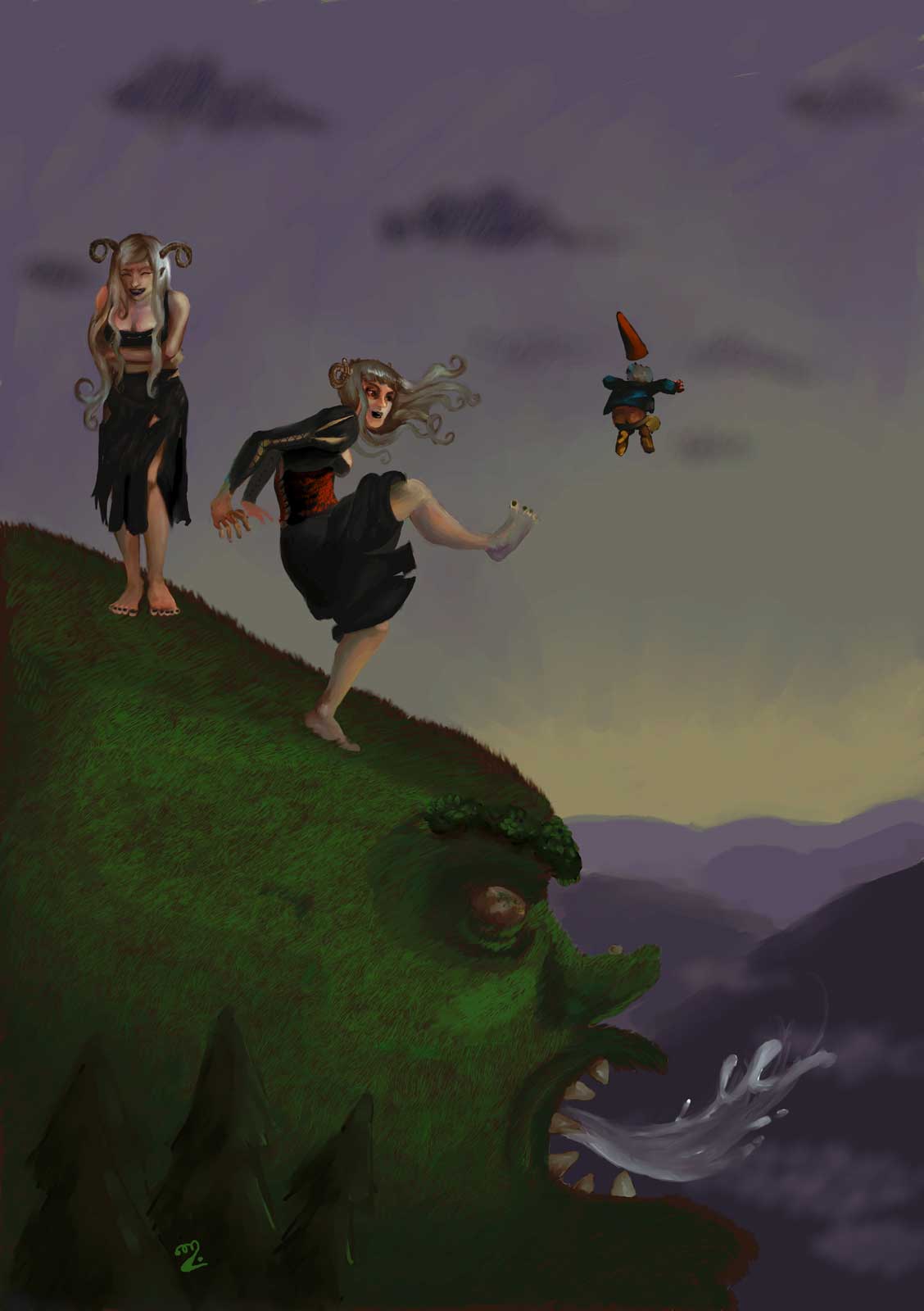 Two bad fairies (gwyllions) throwing a gnome from the grassy top of a hungry mountain troll.