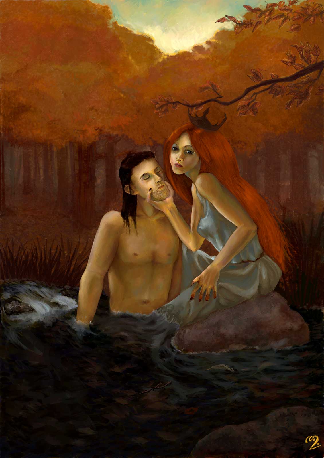 A red-haired rusalka entraps a man in the midst of a river in the autumnal woods at sunset.