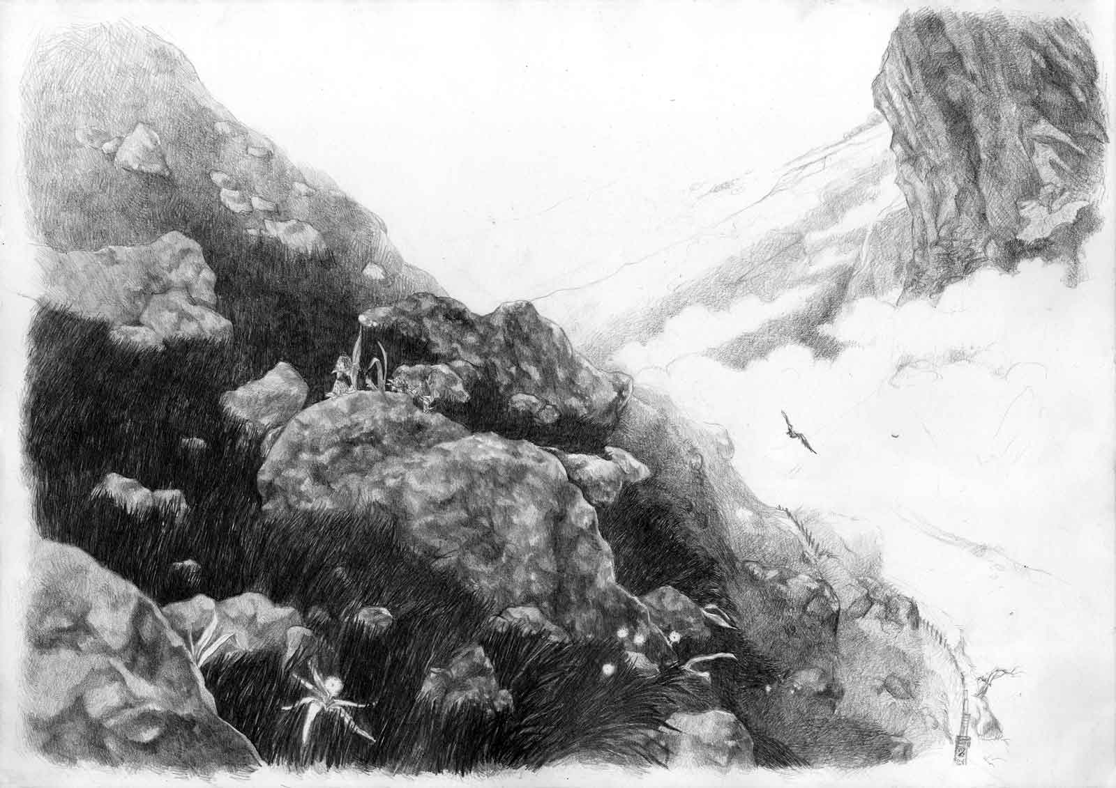 A close view upon a mountain complete with rocks, moutain plants and en eagle, and a sea of clouds.