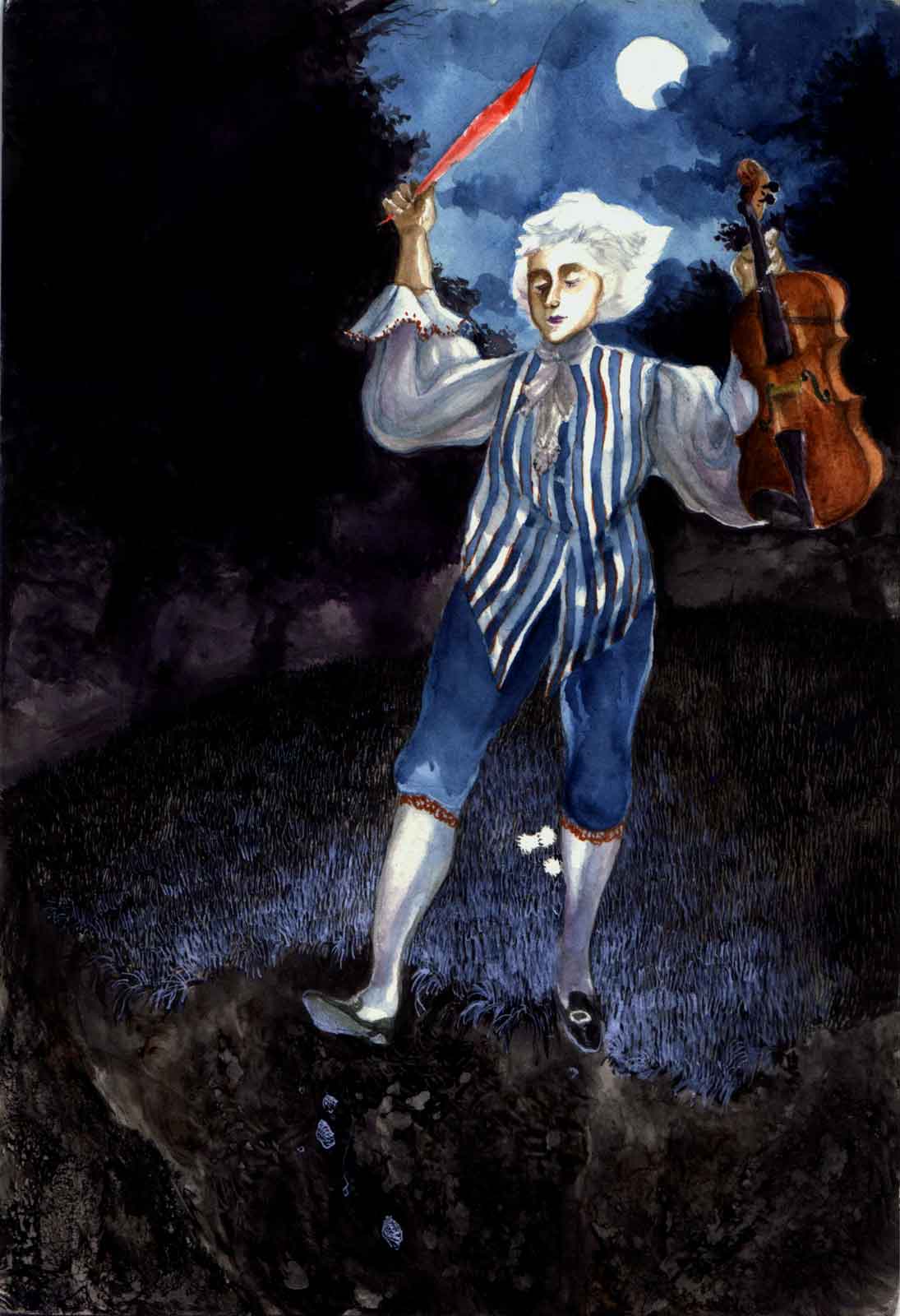 At night, a fiddler is so enthralled by music that a fall is unavoidable.