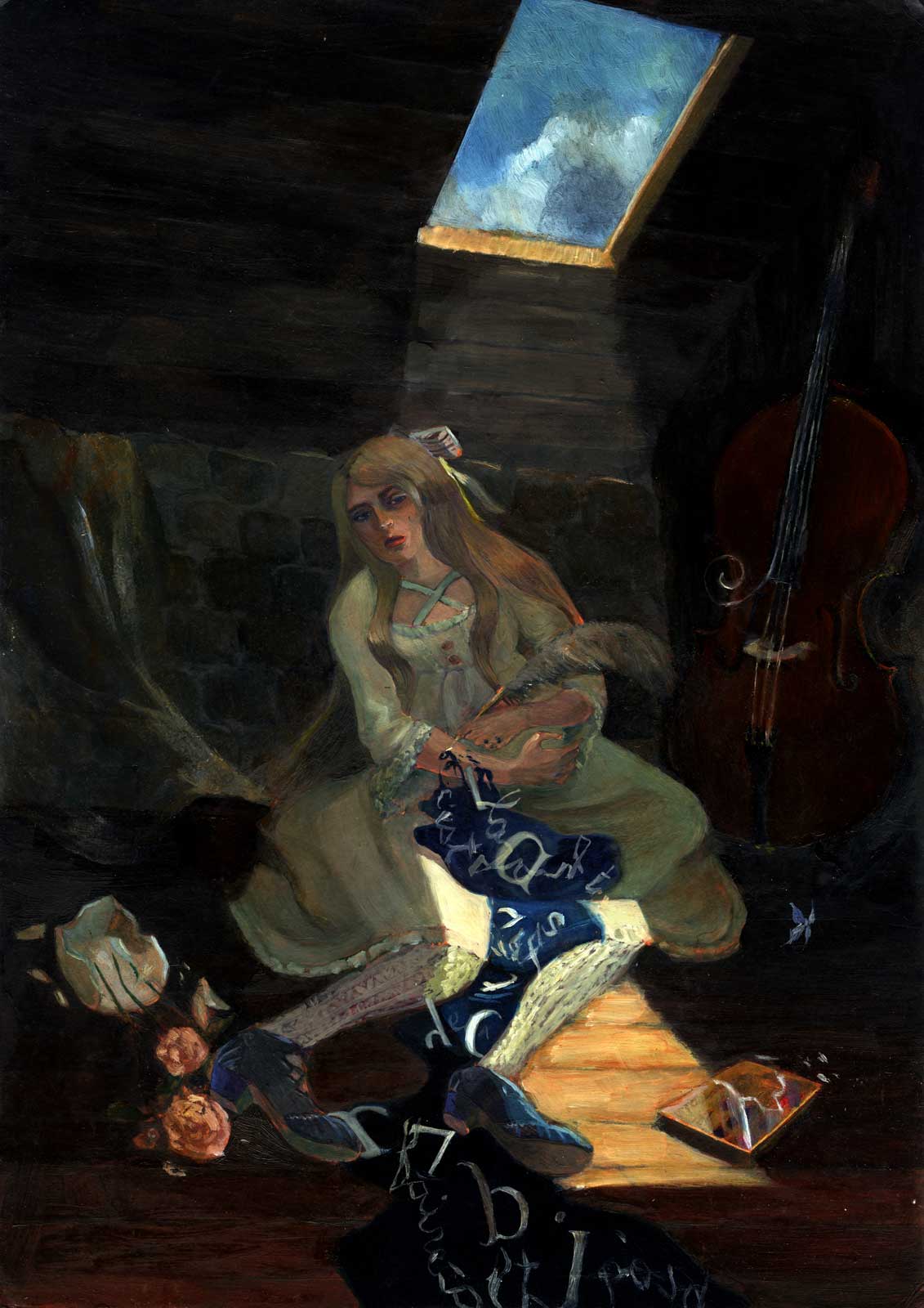 In the attic a young woman in lolita fashion is opening her wrist with a quill allowing a flow of blue ink and letters.