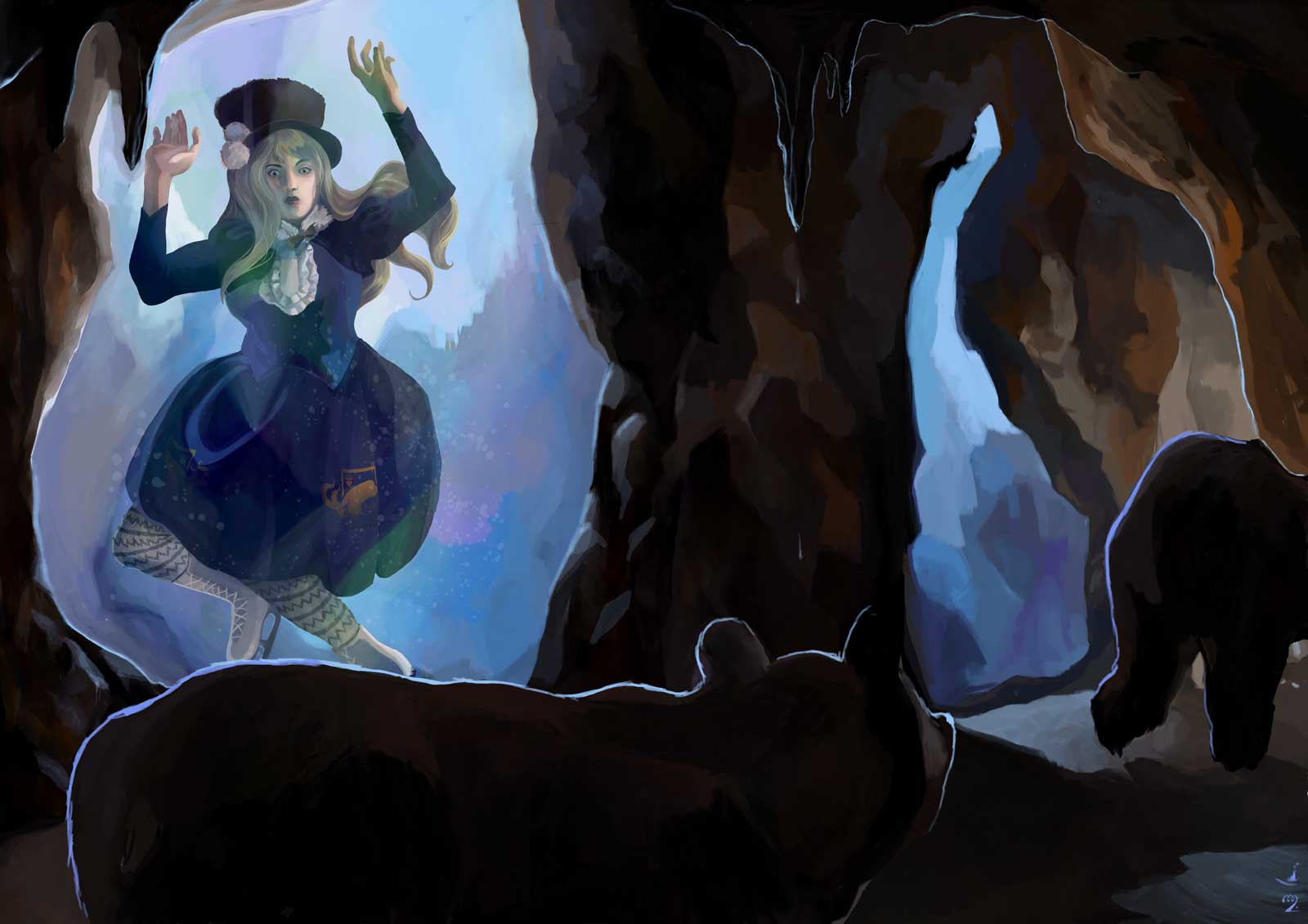 A ice-skater lolita that has become prisoner of ice is seen through 'windows' in a cave inhabited with bears.