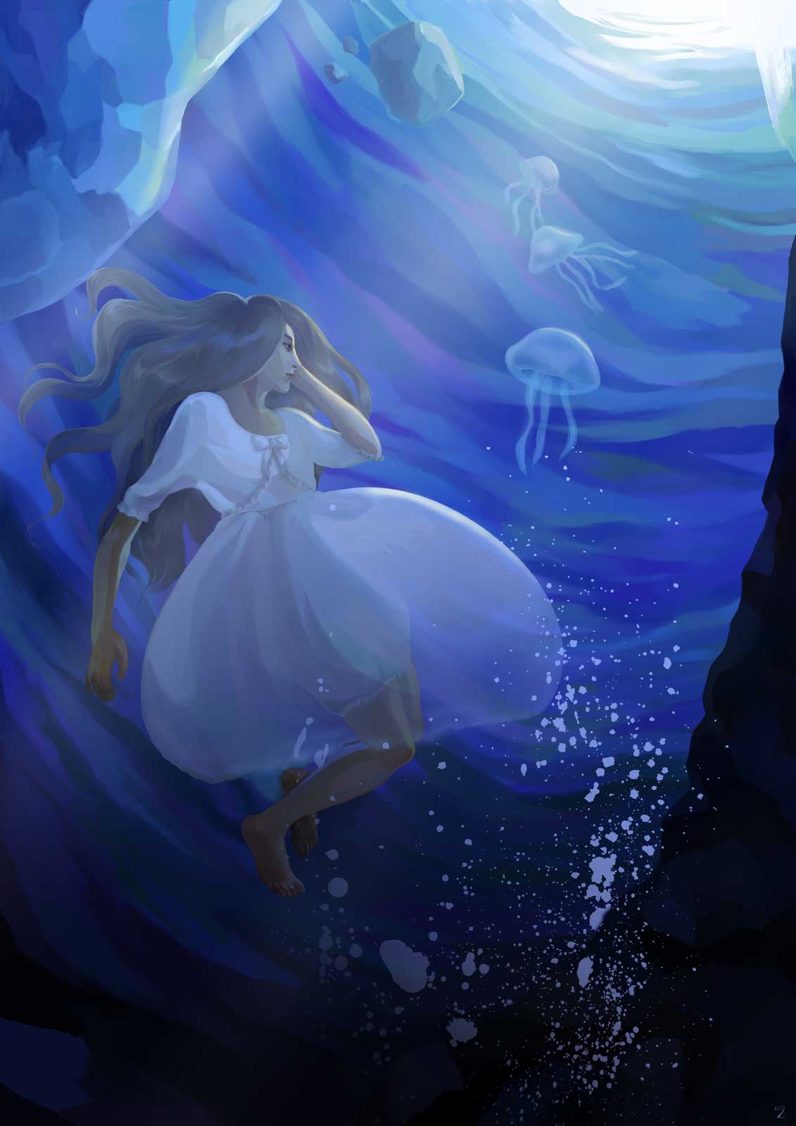 Inspired by lolita fashion silhouette, portrait of a girl in a dress that imitates jellyfishes in the deep blue sea.