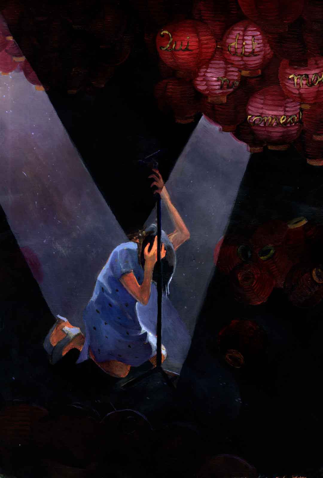 A chinese singer crouches on the stage in a completely dark theater with a few red lanterns upon which is written 'who doesn't say anything agrees'