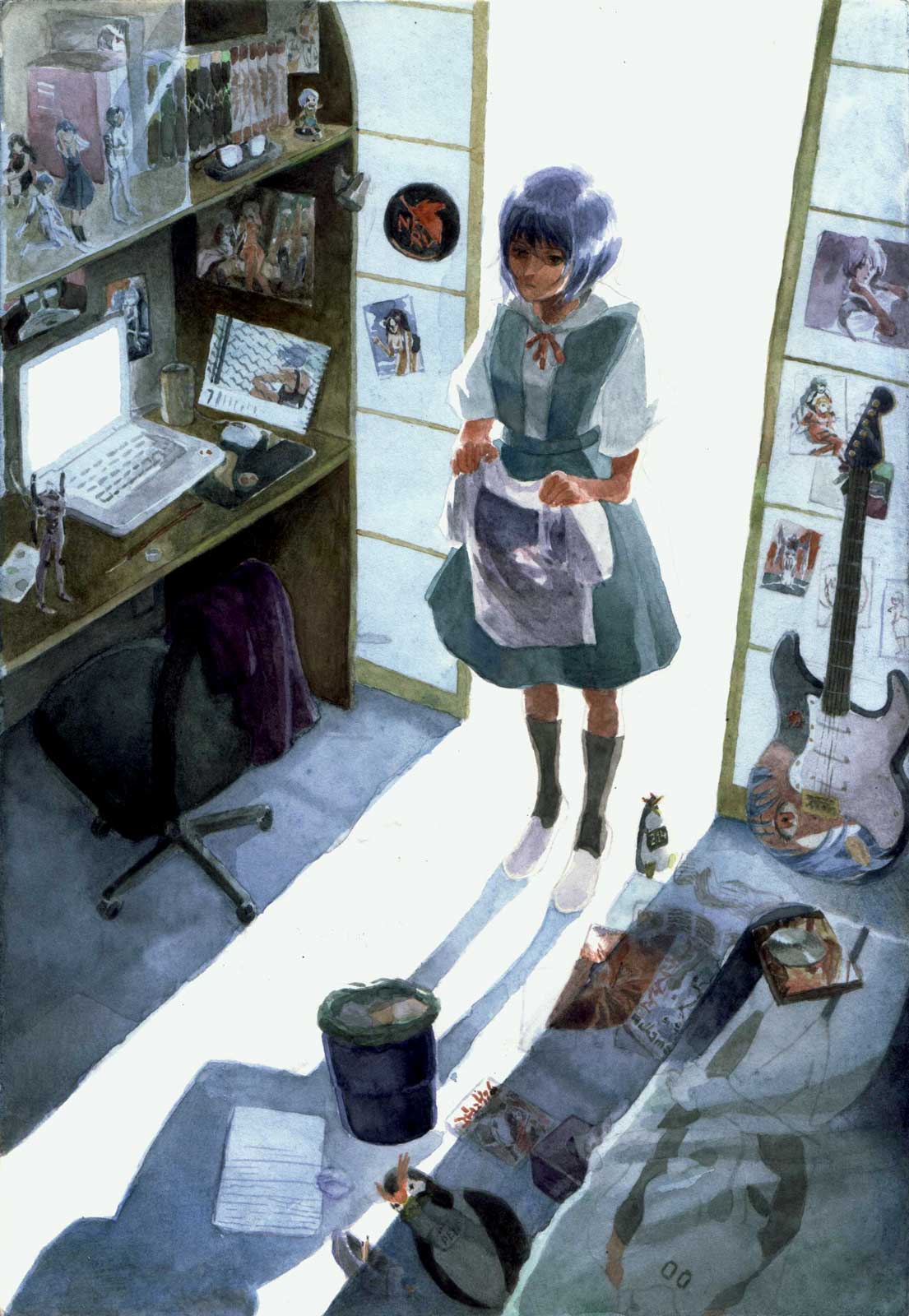 Introspective fanart of Neon Genesis Evangelion's character Rei Ayanami if she was faced with an actual collection about her in an otaku's room.