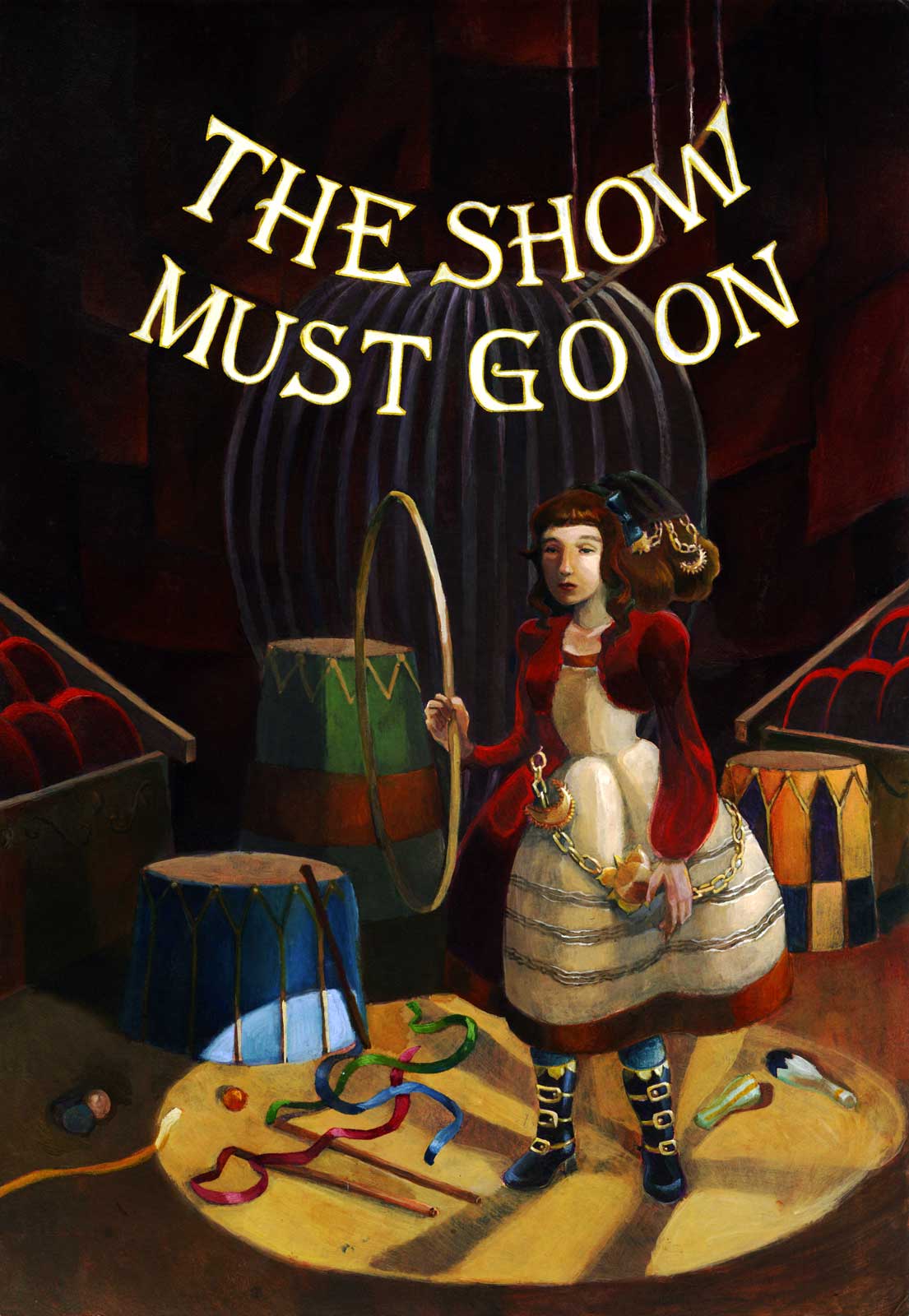 In an abandoned circus a circus girl in a lolita circus dress is holding a hoop under the words 'The Show Must Go On'.